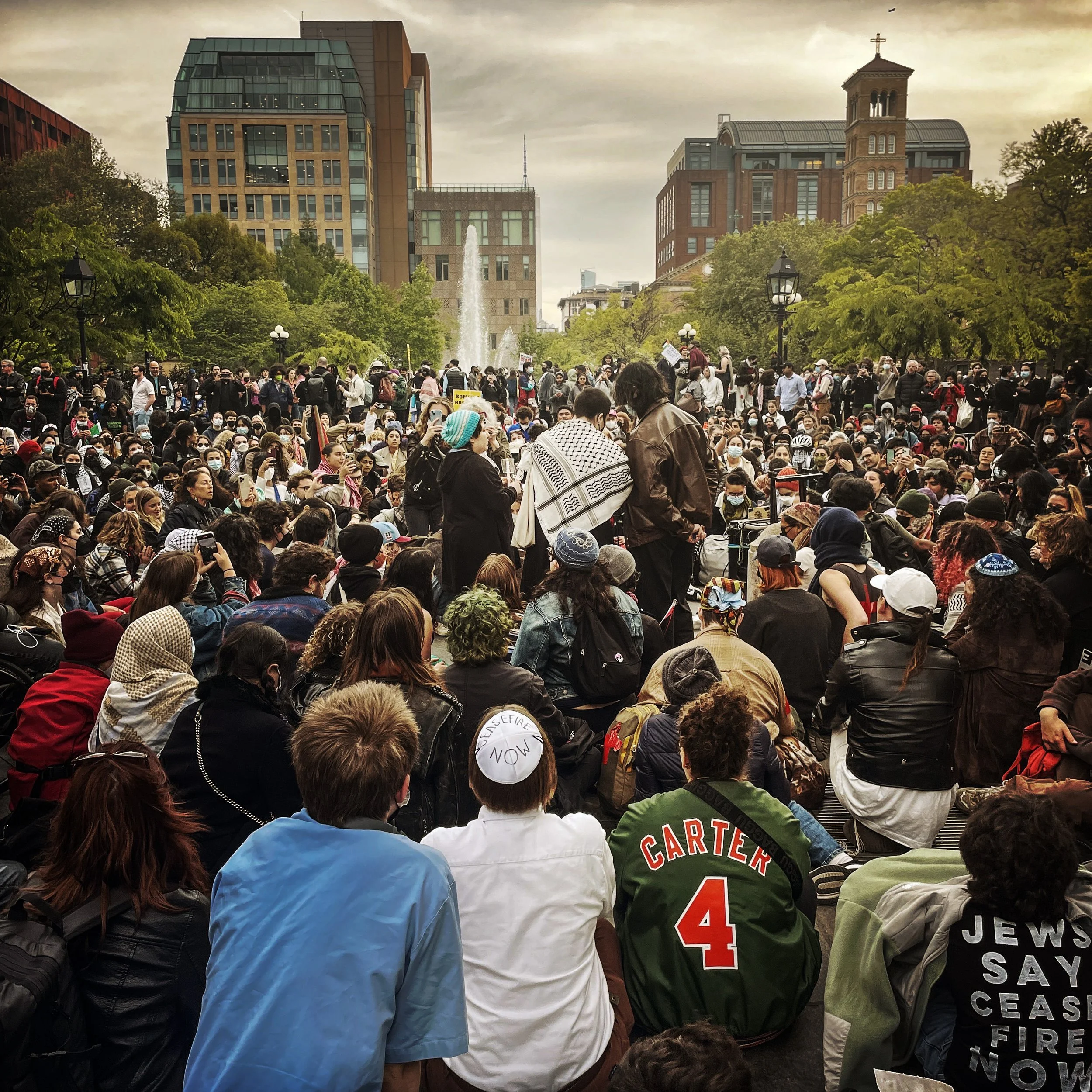 Jews, Palestinians, and others gather for Shabbat in Washington Square Park in solidarity for a ceasefire in Gaza, May 3, 2024