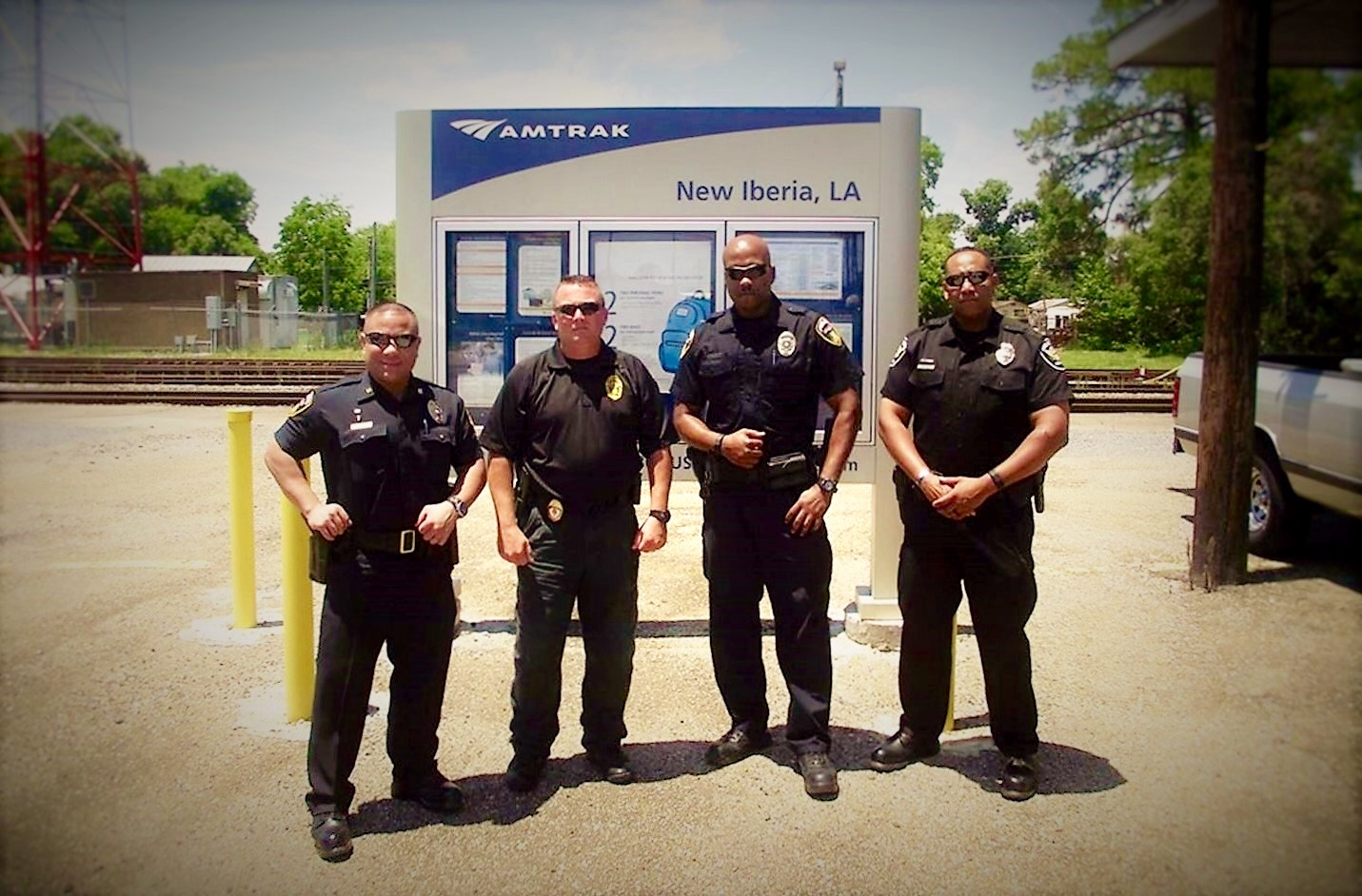 Railroad Special Agents who presented a Crossing Accident Reduction Education (CARE) class in New Iberia, LA in 2017. Left to right are: BNSF Special Agent PB Rivera, KCS Special Agent Shane Bertrand, BNSF Special Agent Ken Steward, and Union Pacific Special Agent Quincy Bryant.