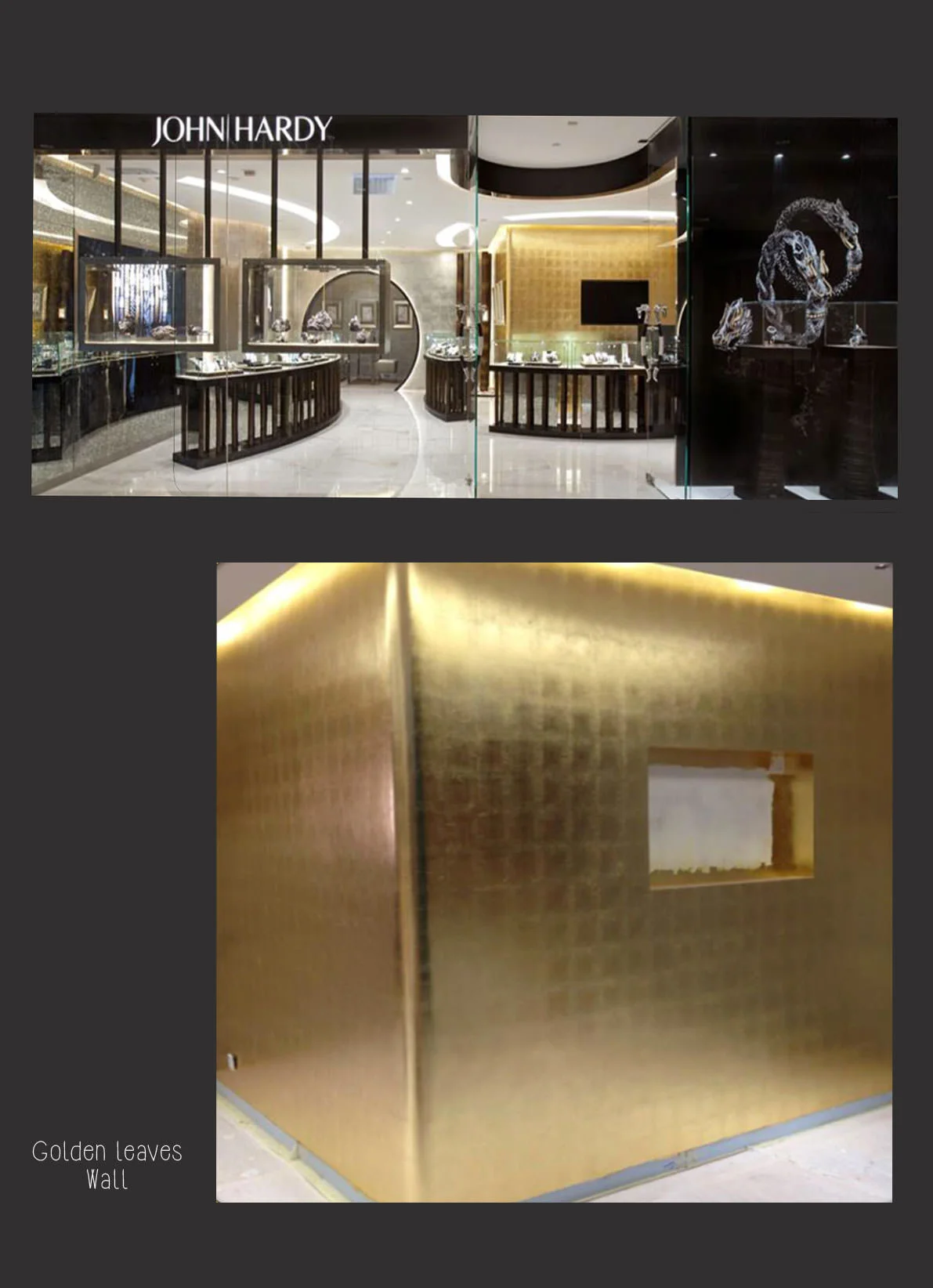 John Hardy, IFC mall - Gold leaves wall by Elsa Jeandedieu