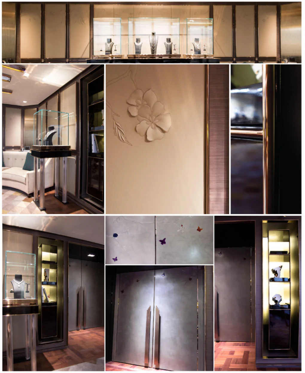 KGK Jewellery showroom, Hung Hom - handmade metal panels with resin and cherry blossom leather wall