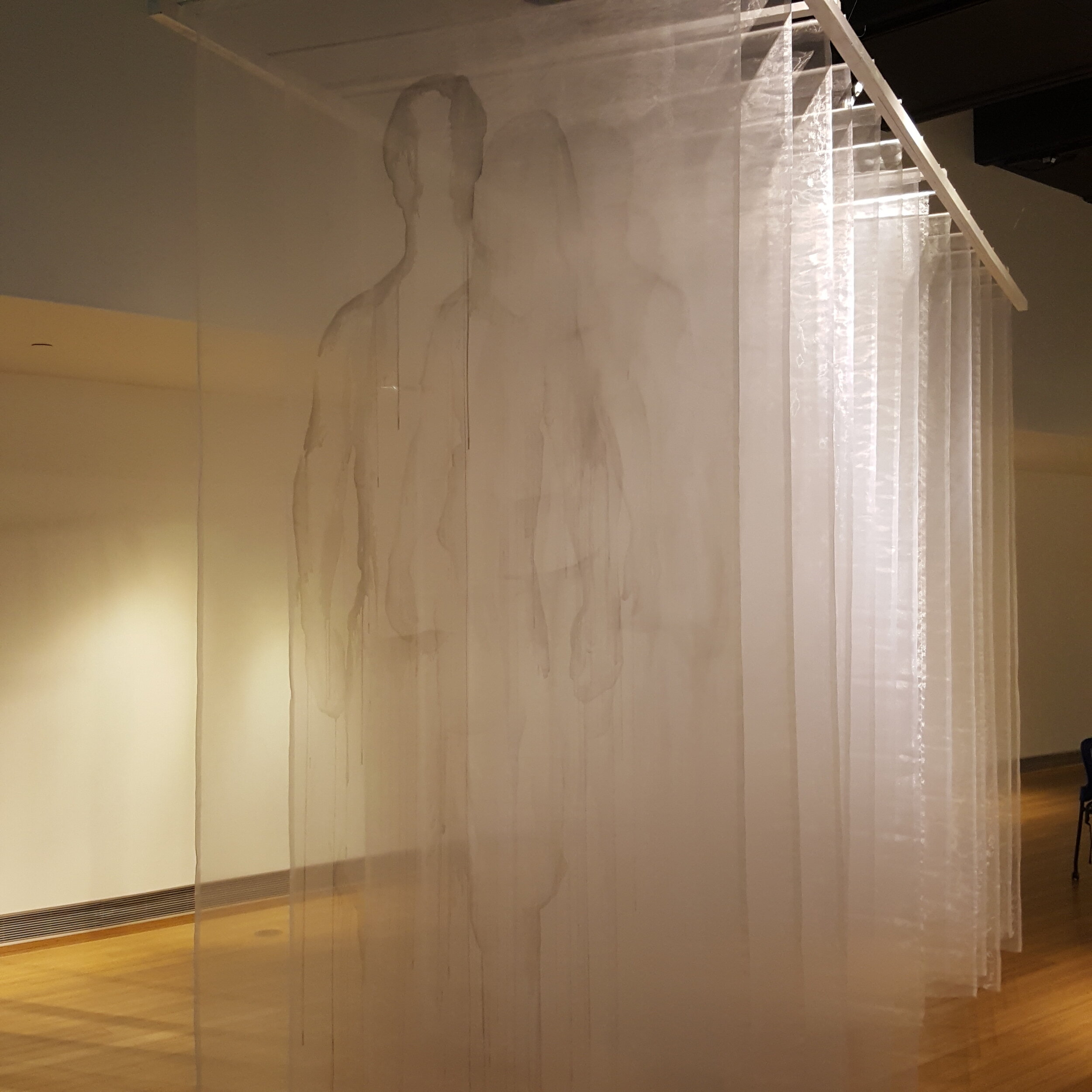 ink on chiffon fabric, 112" x 47" x 144"