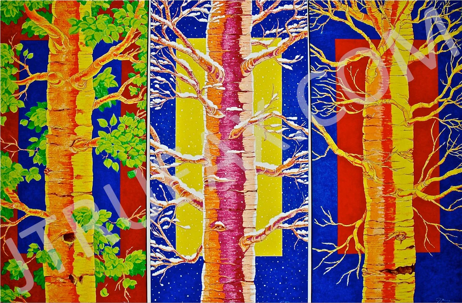   Aspen Trilogy   26" x 50" each | Acrylic on canvas | [3 piece set - Framed]  Approximately 82 x 50" when hung together  $5,200.00 + Shipping &amp; Handling 