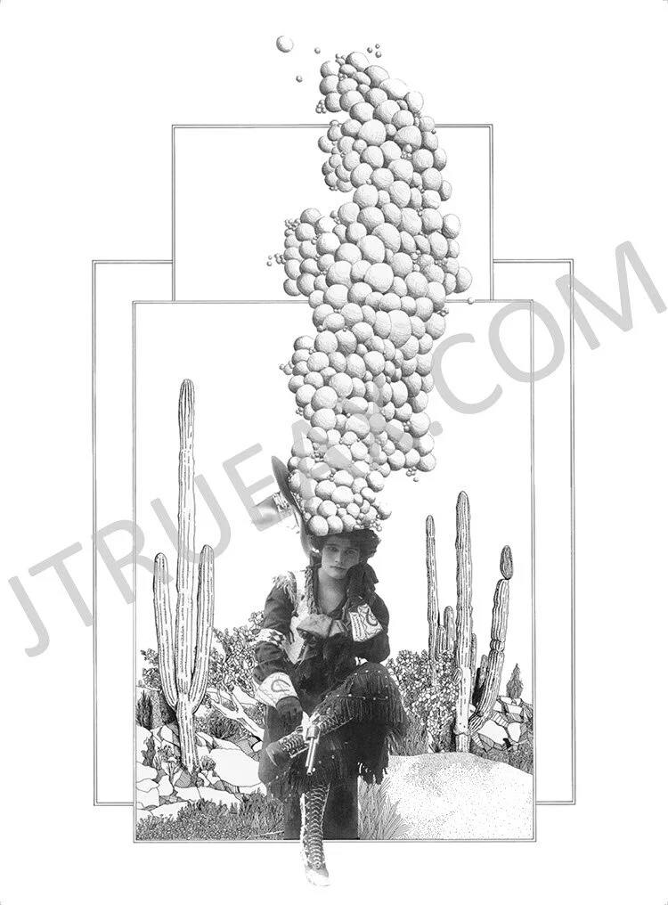   Bubble Headed Cowgirl   14" x 24" [Image Area] | Mixed Media | [Unframed]  Artist Embellished*, Fine Art, Archival Quality, Limited Edition Print  $250.00 + Shipping &amp; Handling  *Artist Embellished Prints - The print is produced half finished, 