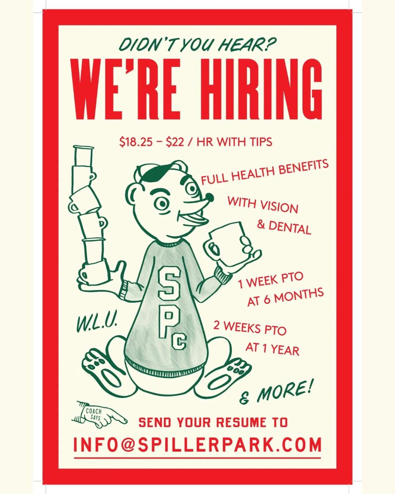 We&rsquo;re hiring ☕

ponce, mitchell, and toco hills are looking for good people to join the team! 

If you love coffee, people, and fast-paced mornings that somehow fly by, let&rsquo;s talk. 😎

Send your resume to info@spillerpark.com