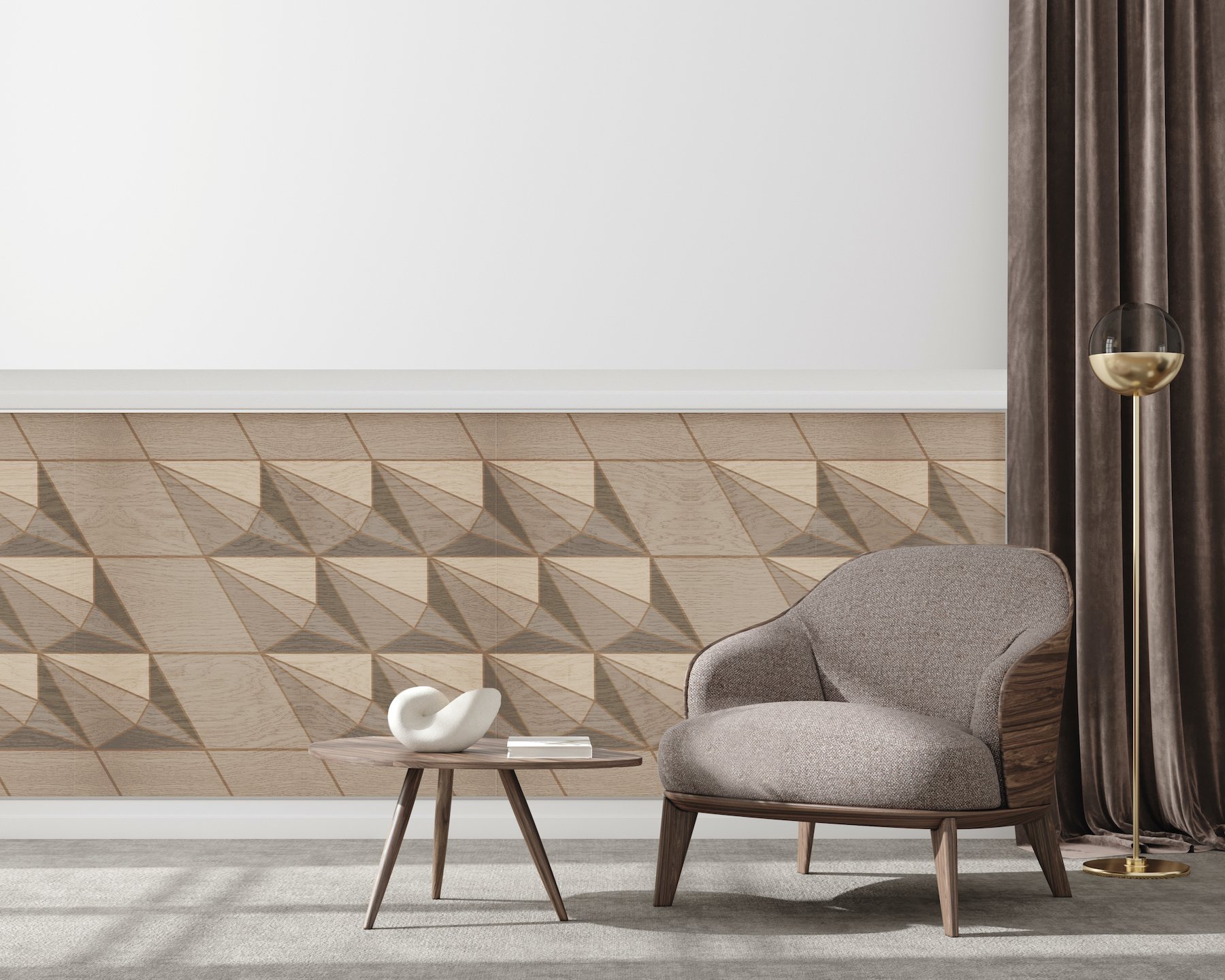 Diamond 3D Wall Panels (EDGE Series) and Caro 2D Wall Panels (FLAT Series) in 'Natural' on Oak
