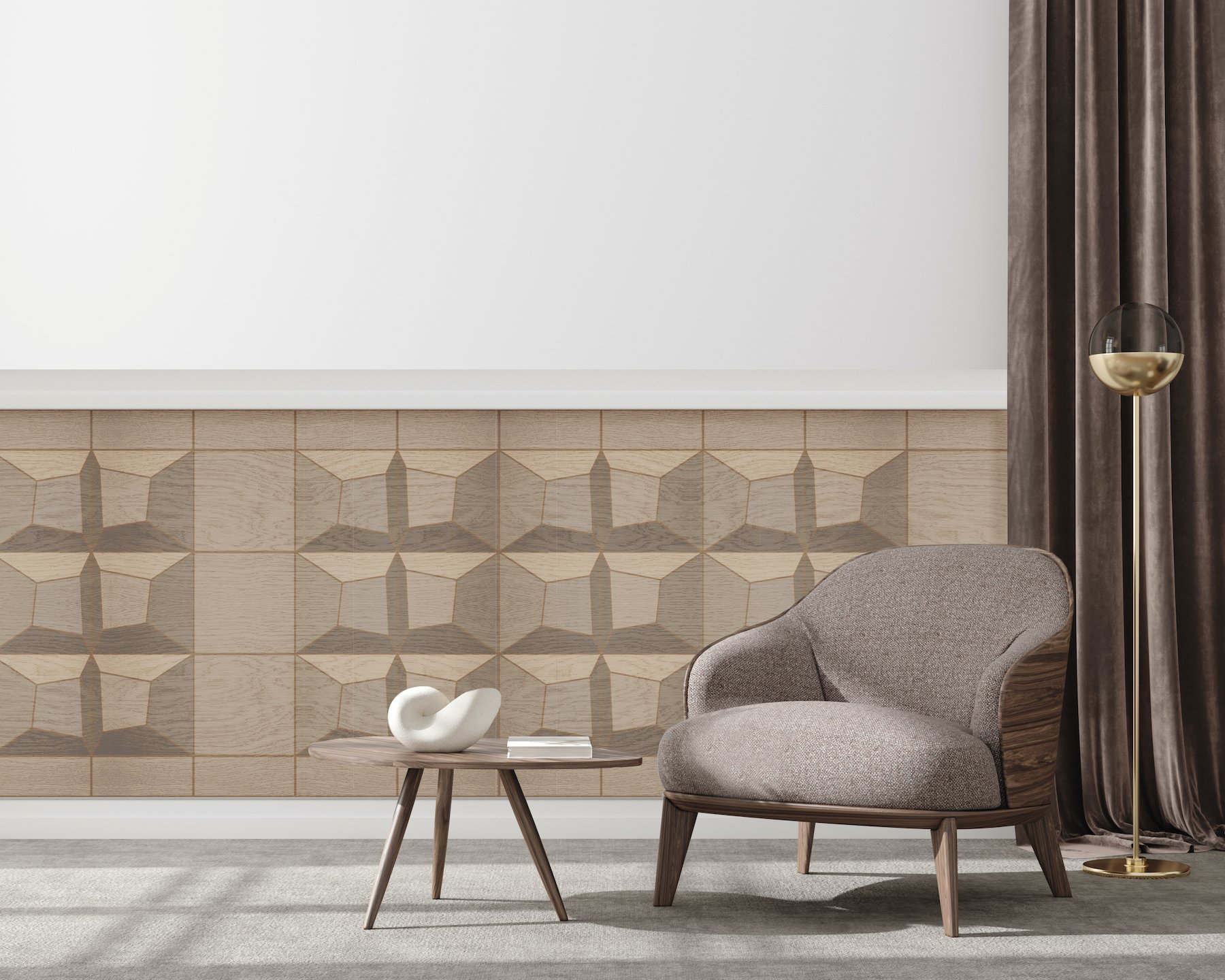 Pillow 3D Wall Panels (EDGE Series) and Square 2D Wall Panels (FLAT Series) in 'Natural' on Oak