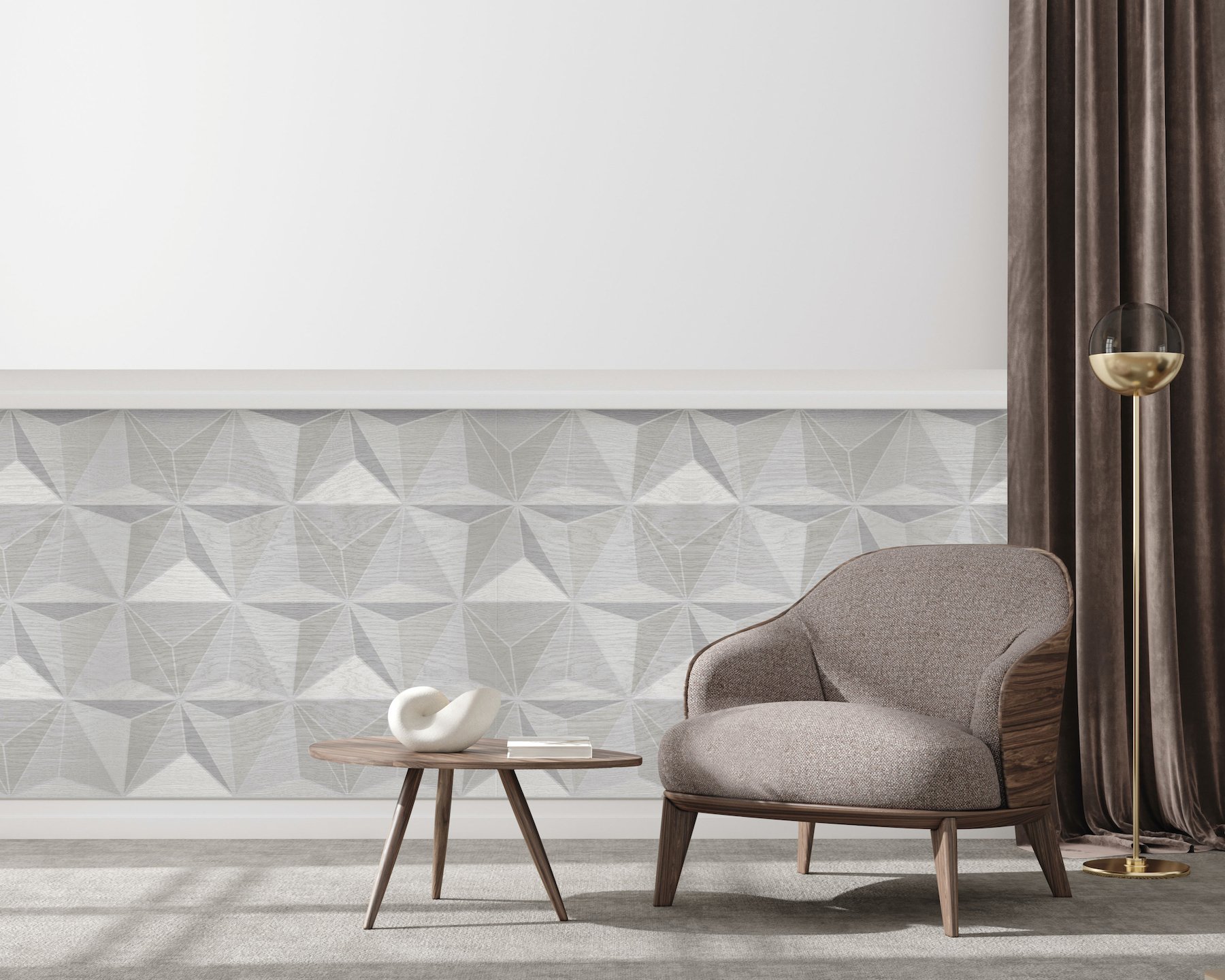 Pyramid 3D Wall Panels (EDGE Series) in 'Snow White' on Oak