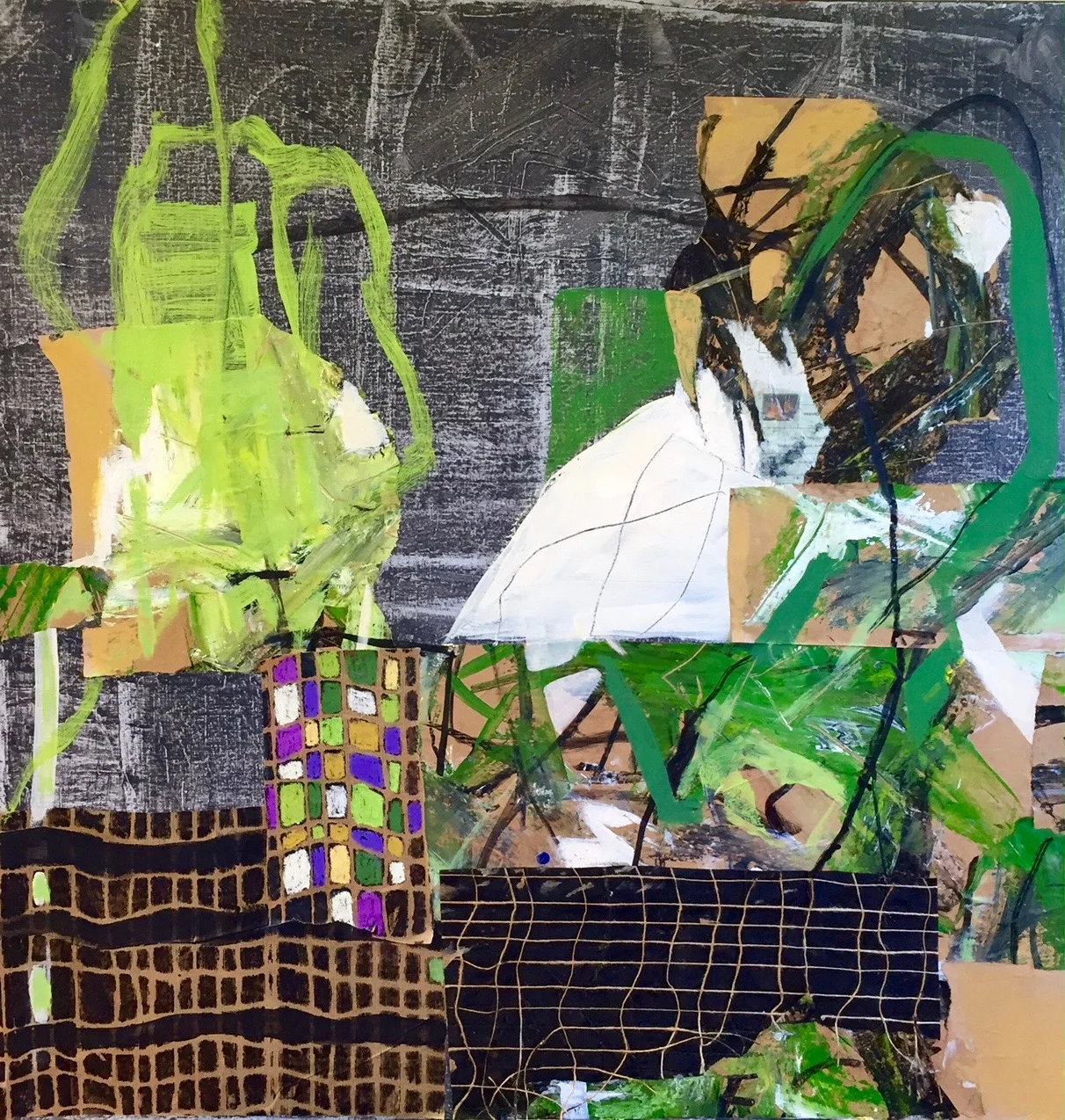 " VERTE JEUNESSE " 80 X 80 cm acrylique pastels gras et collages