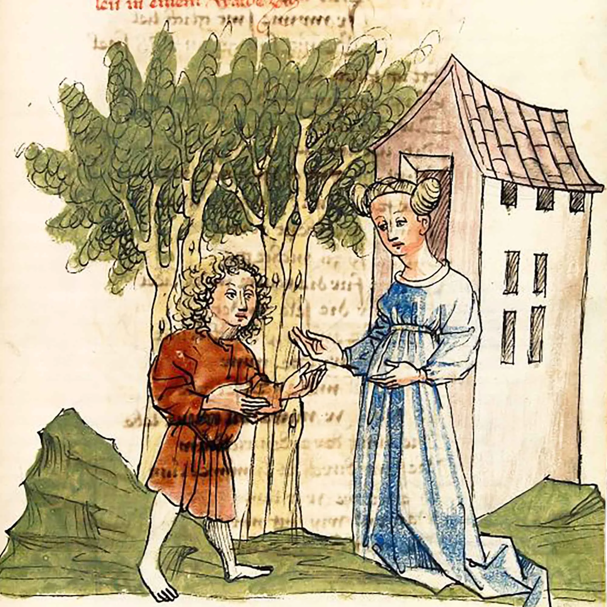 Herzeloyde und Parzival im Wald von Soltane. Aus: Wolfram von Eschenbach, Parzival (Handschrift), Hagenau, Werkstatt Diebold Lauber, um 1443–1446, Cod. Pal. germ. 339, I. Buch, Blatt 87r. Universitätsbibliothek Heidelberg