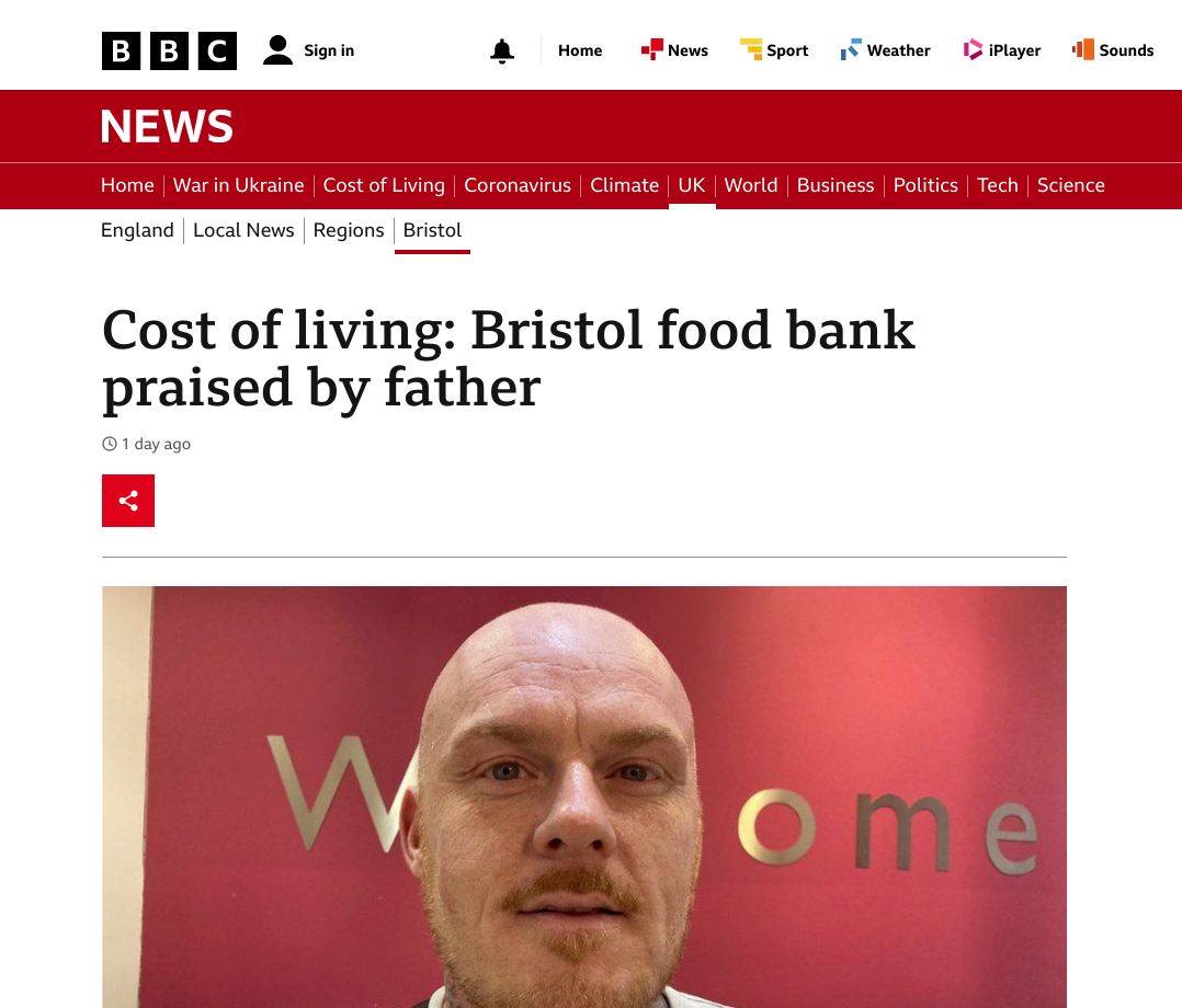 Cost of living BBC article featuring the Storehouse Foodbank