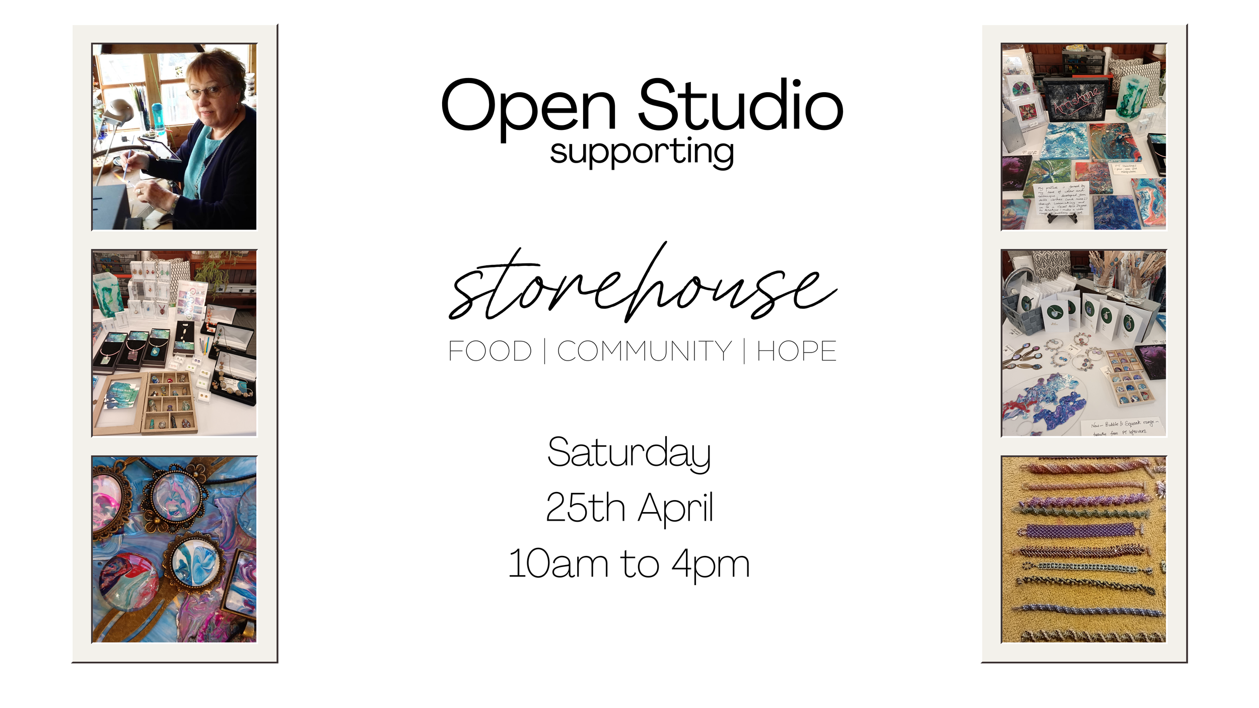      

 
    Open Studio  will be supporting  Storehouse  on  Saturday 25th April  from  10:00am to 4:00pm  at  42 Manor Road, Trowbridge, BA14 9HR . Please enter via the  side gate .  JoAnne will be showcasing her beautiful craftwork, offering a wid