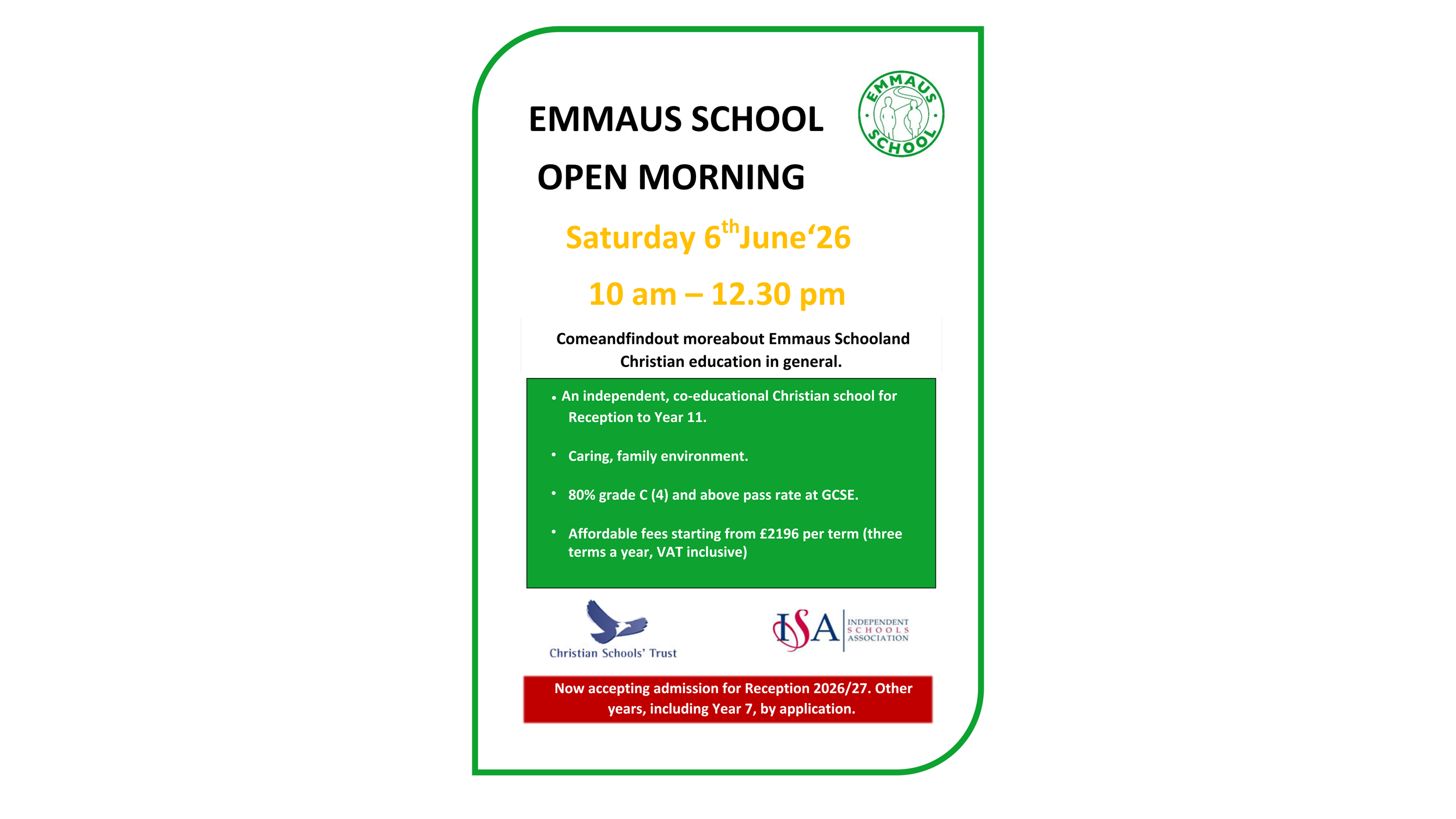 Emmaus School Open Morning - Saturday 6th June - 10 am – 12.30 pm