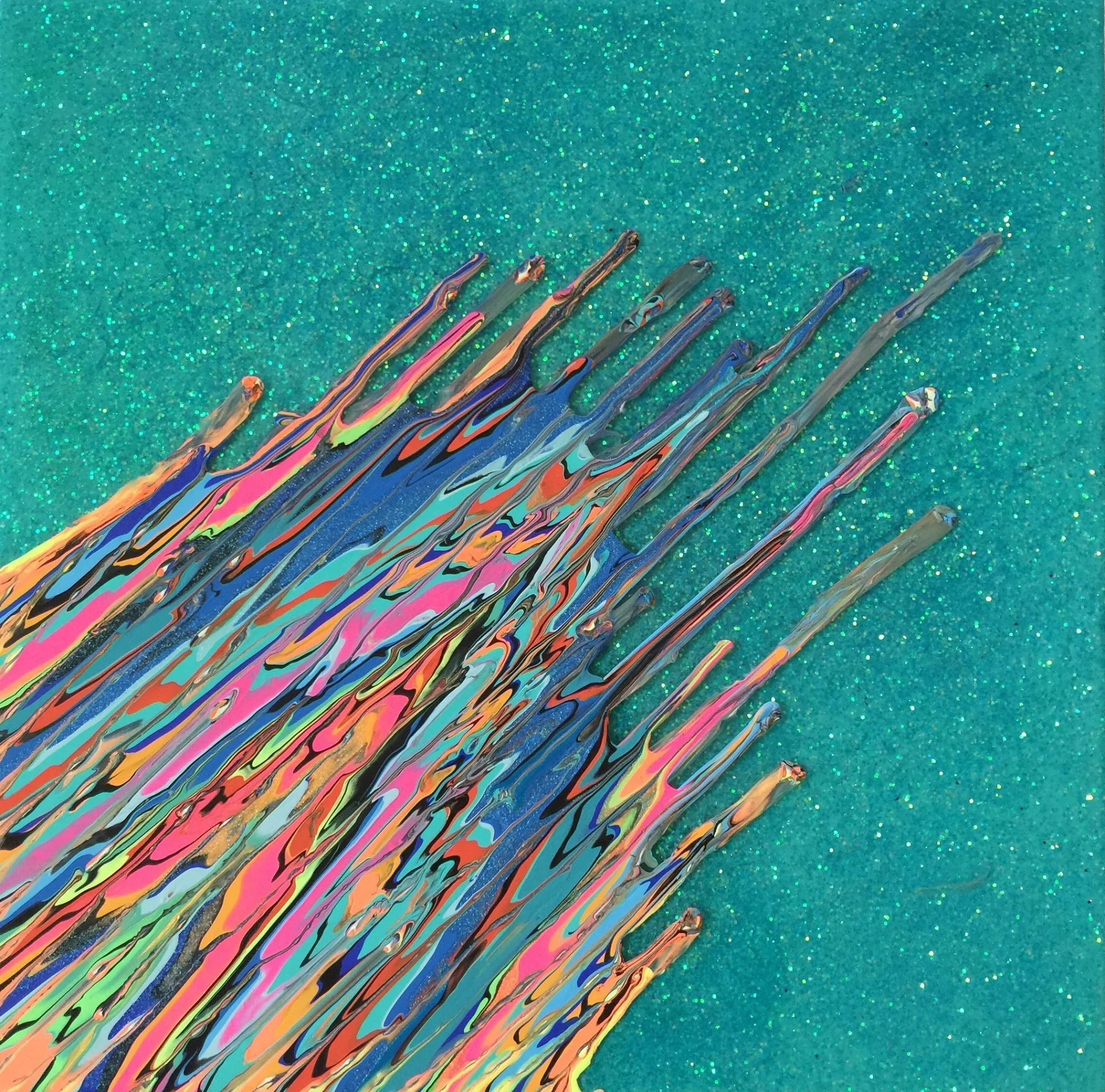 Kinetic e- XX 2015  18" x 18" x 2.5"  Acrylic, glitter, and epoxy resin on canvas. SOLD