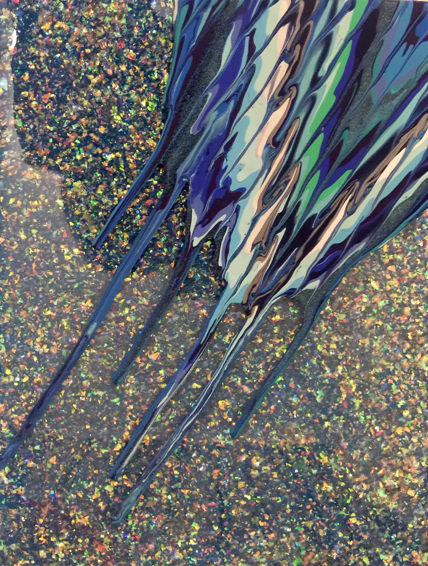 Kinetic e- XXIV 2015  14" x 11" x 2.5"  Acrylic, glitter and epoxy resin on canvas. SOLD