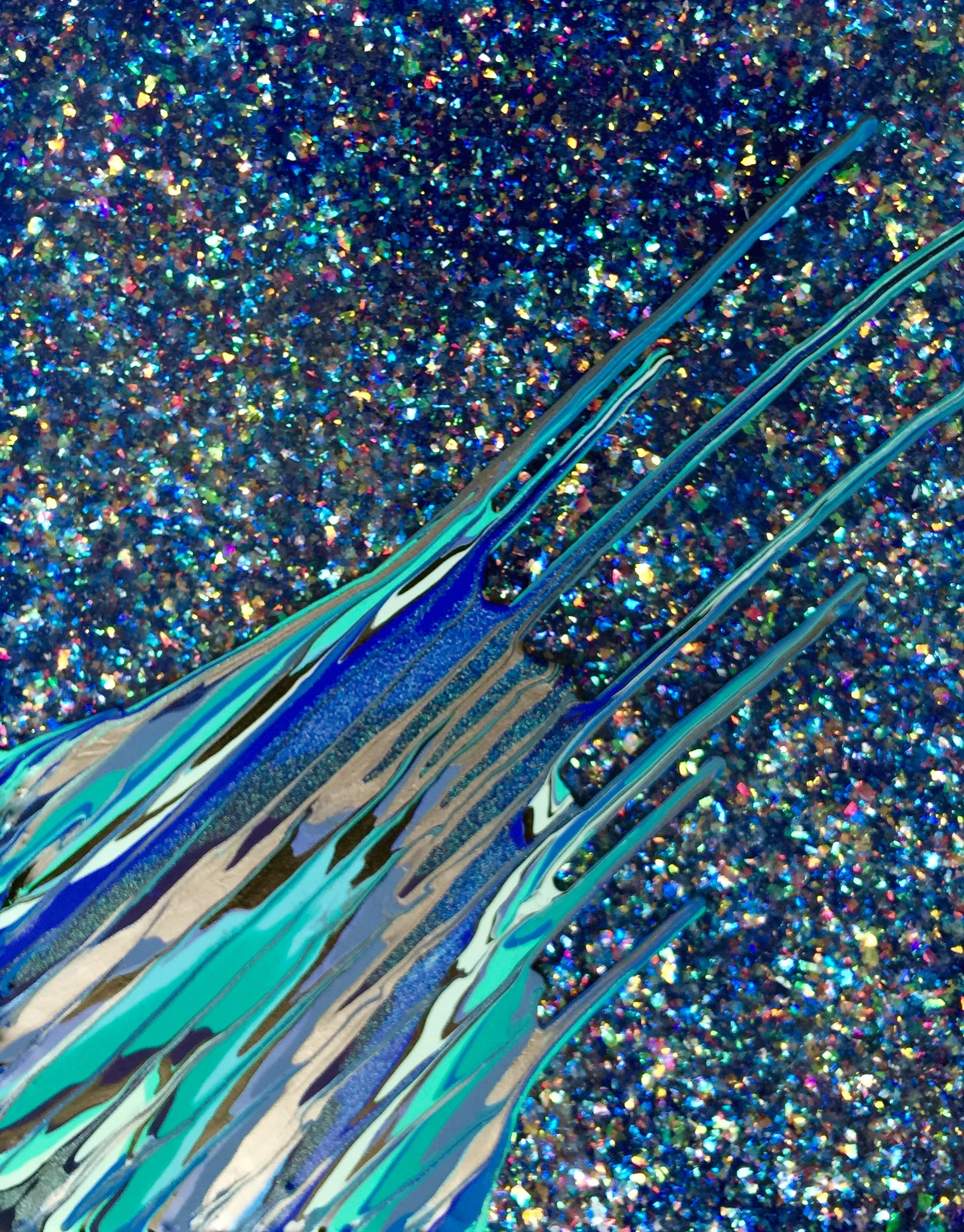 Kinetic e- XXVI 2015  14" x 11" x 2.5"  Acrylic, glitter and epoxy resin on canvas. SOLD