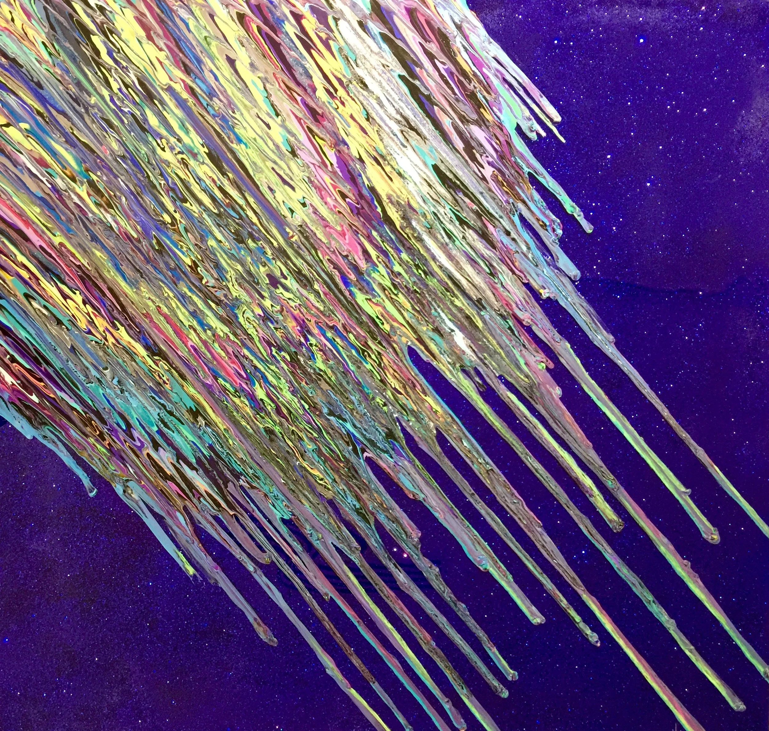 Kinetic e- XXXII 2015  48" x 48" x 2.5"  Acrylic, glitter and epoxy resin on canvas