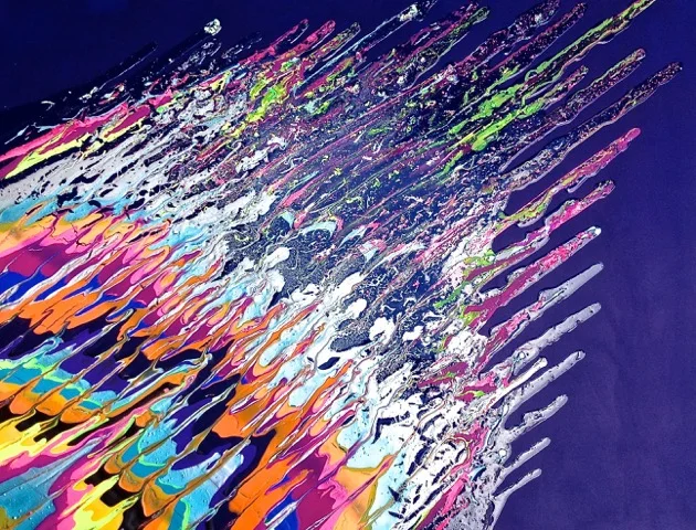 Kinetic e- IX 2014 30" x 40" x 2.5" Acrylic and epoxy resin on canvas.