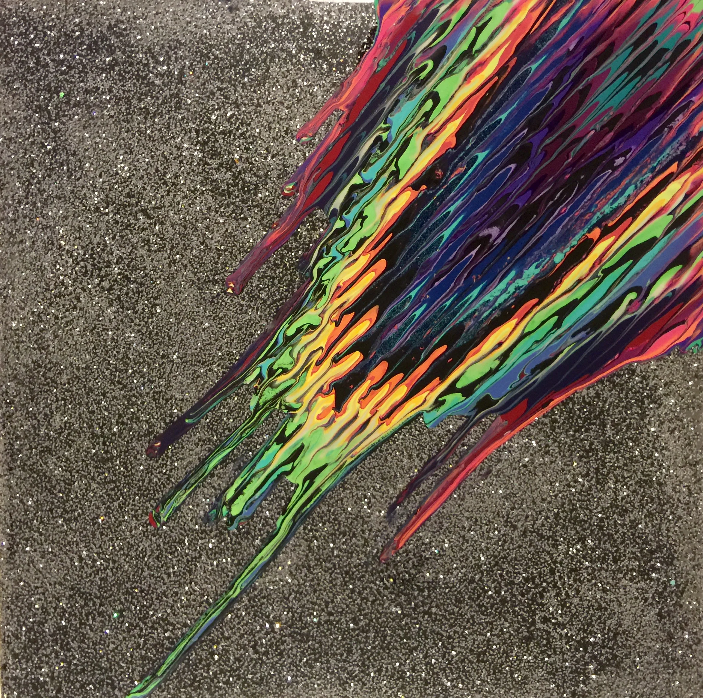 Kinetic e- XXXVIII  2015  16" x 16"   Acrylic, glitter, and epoxy resin on panel