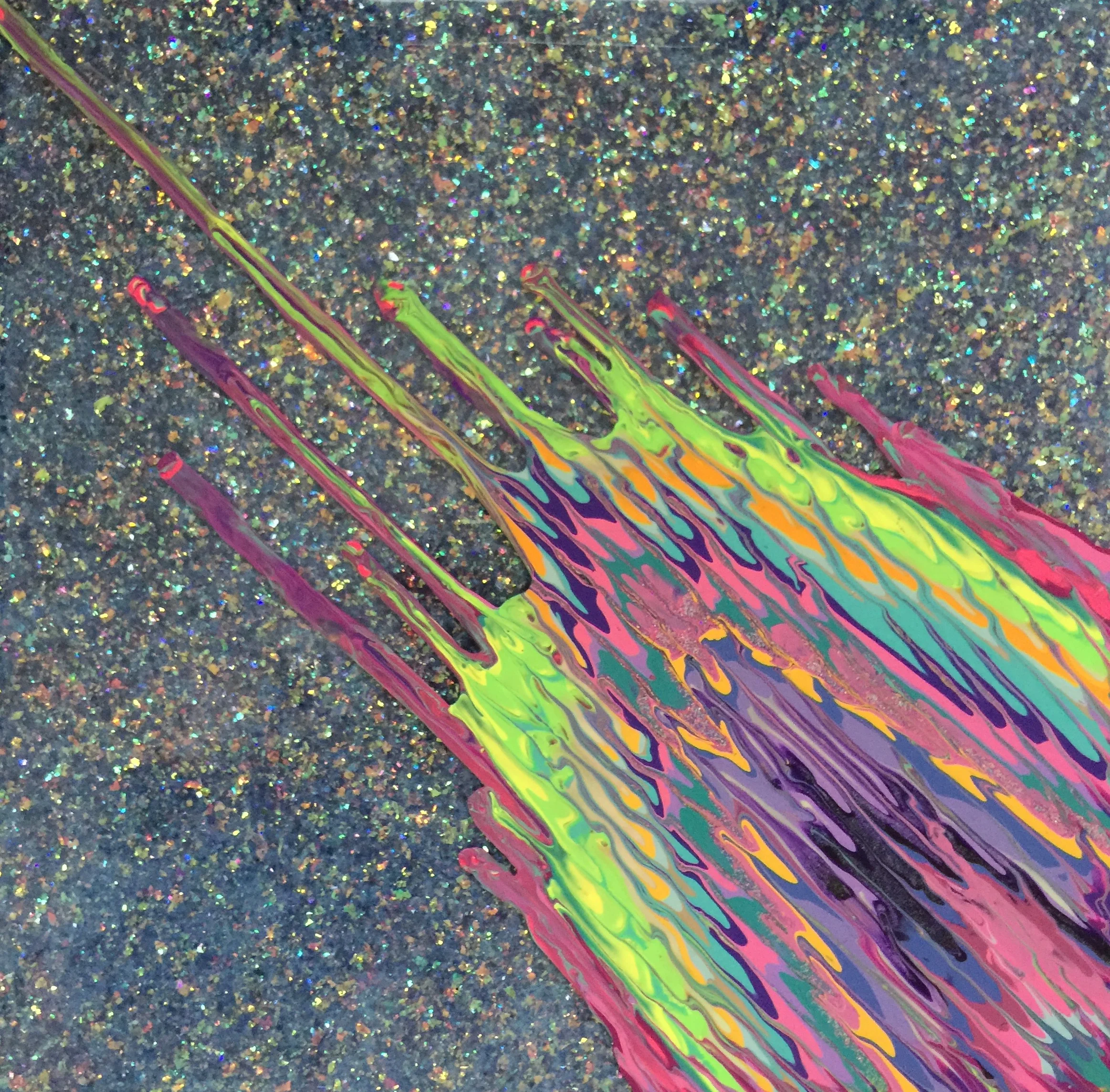 Kinetic e- XXXVIX  2015  16" x 16"   Acrylic, glitter, and epoxy resin on panel. SOLD