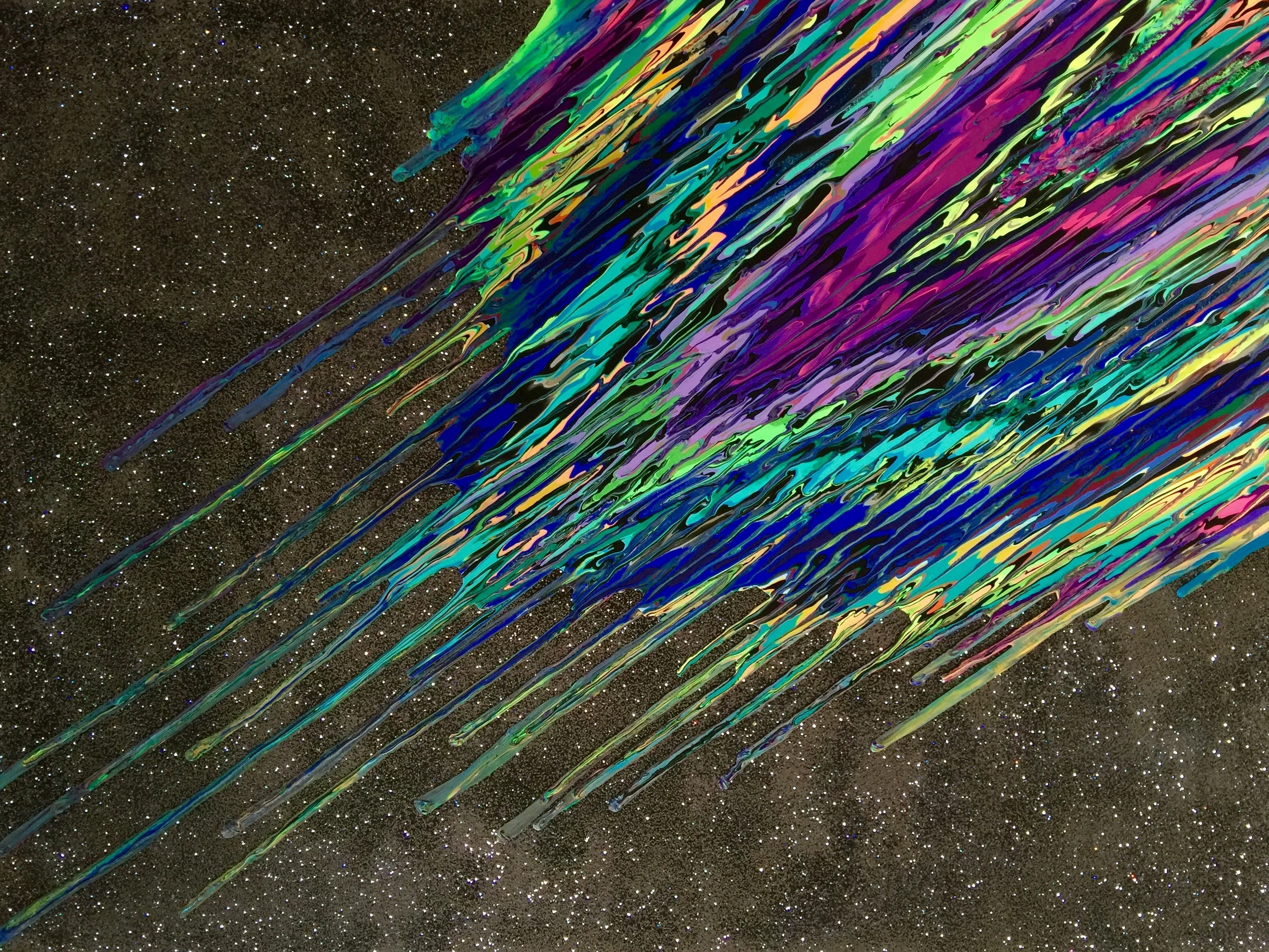 Kinetic e- XXXXI  2015 30" x 40" Acrylic, glitter, and epoxy resin on canvas. SOLD