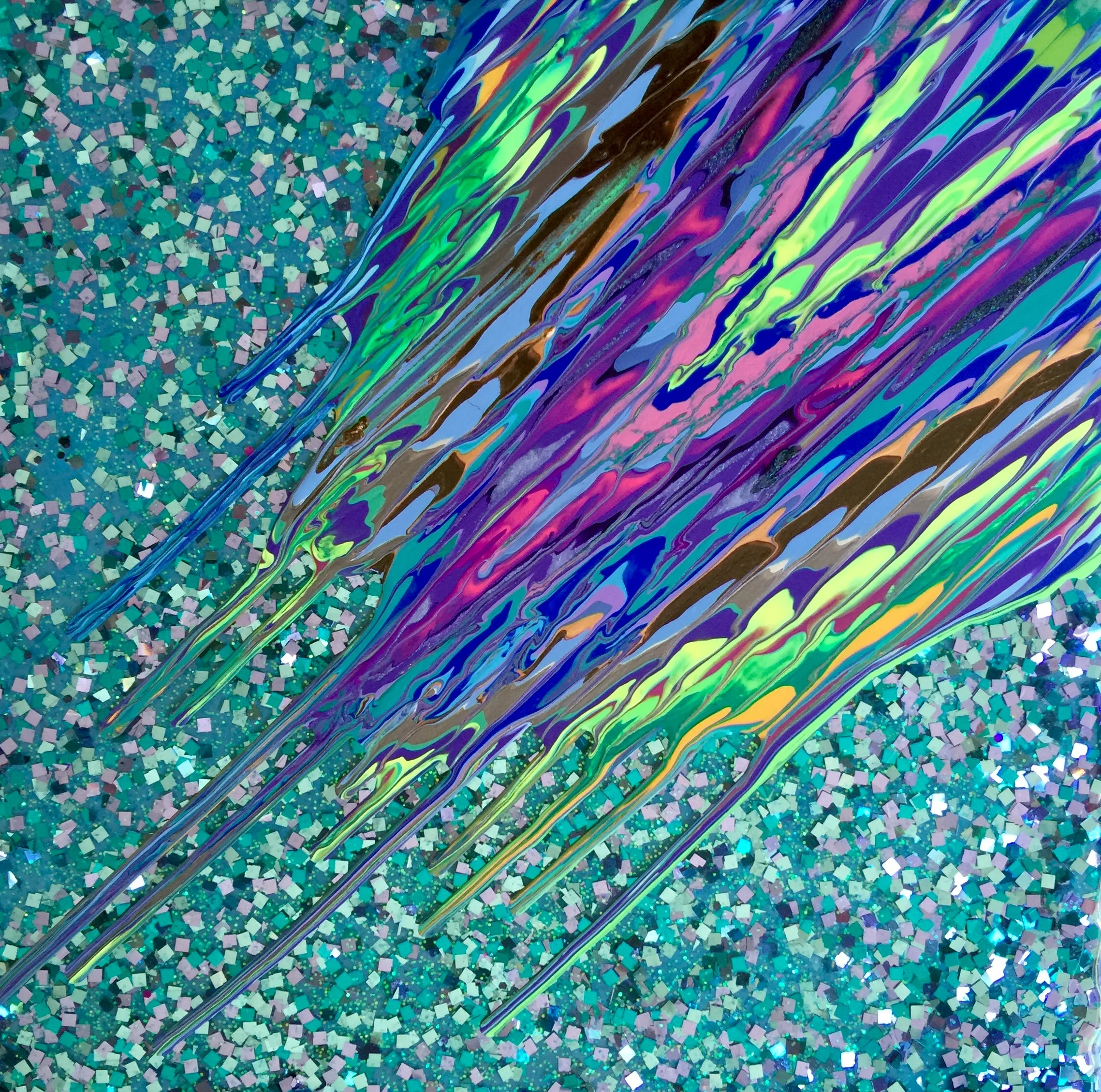 Kinetic e- Mini Collection IV  16" x 16"  2015  Acrylic, glitter, and epoxy resin on panel. SOLD