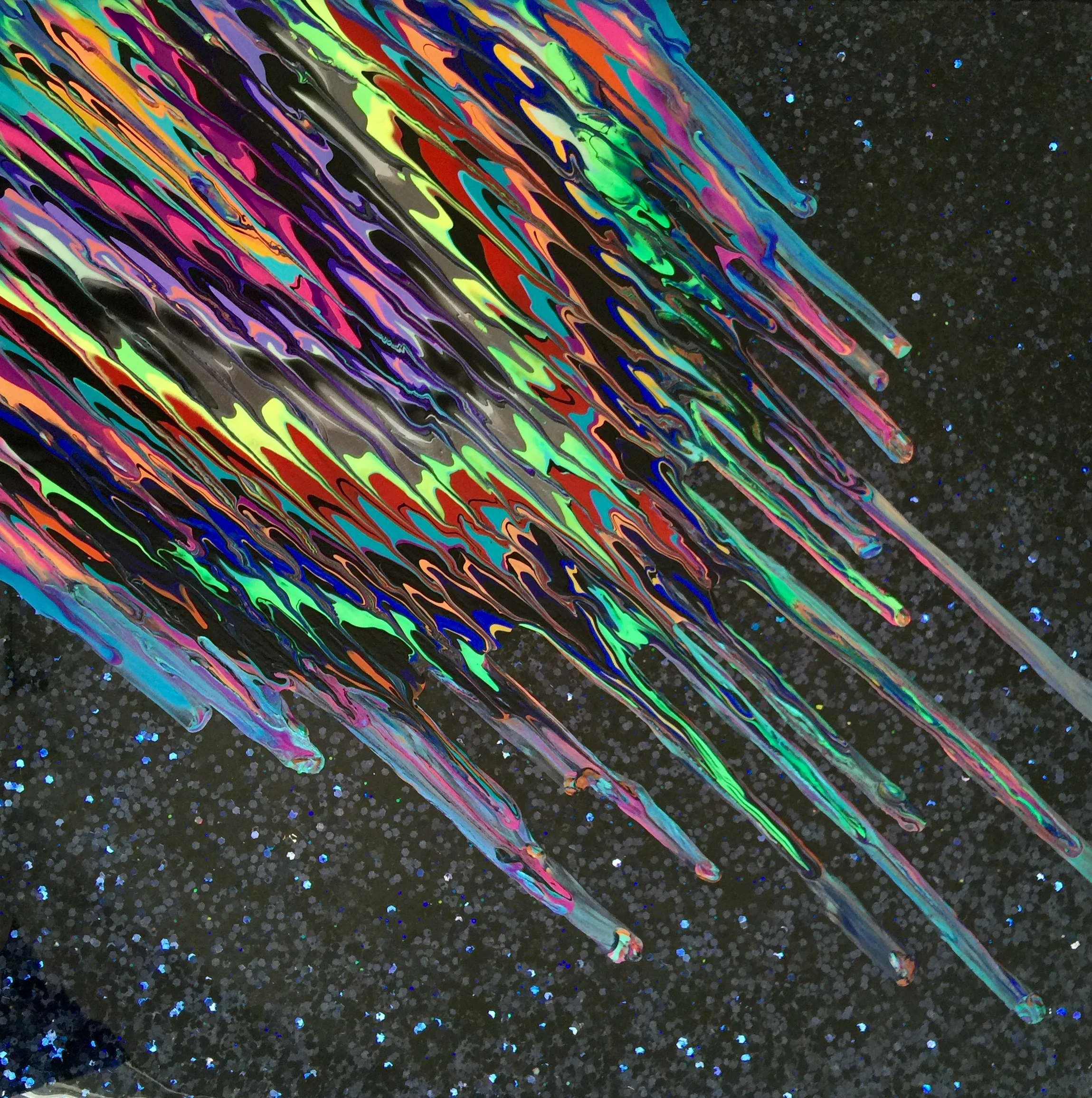 Kinetic e- Mini Collection V  16" x 16"  2015  Acrylic, glitter, and epoxy resin on panel. SOLD