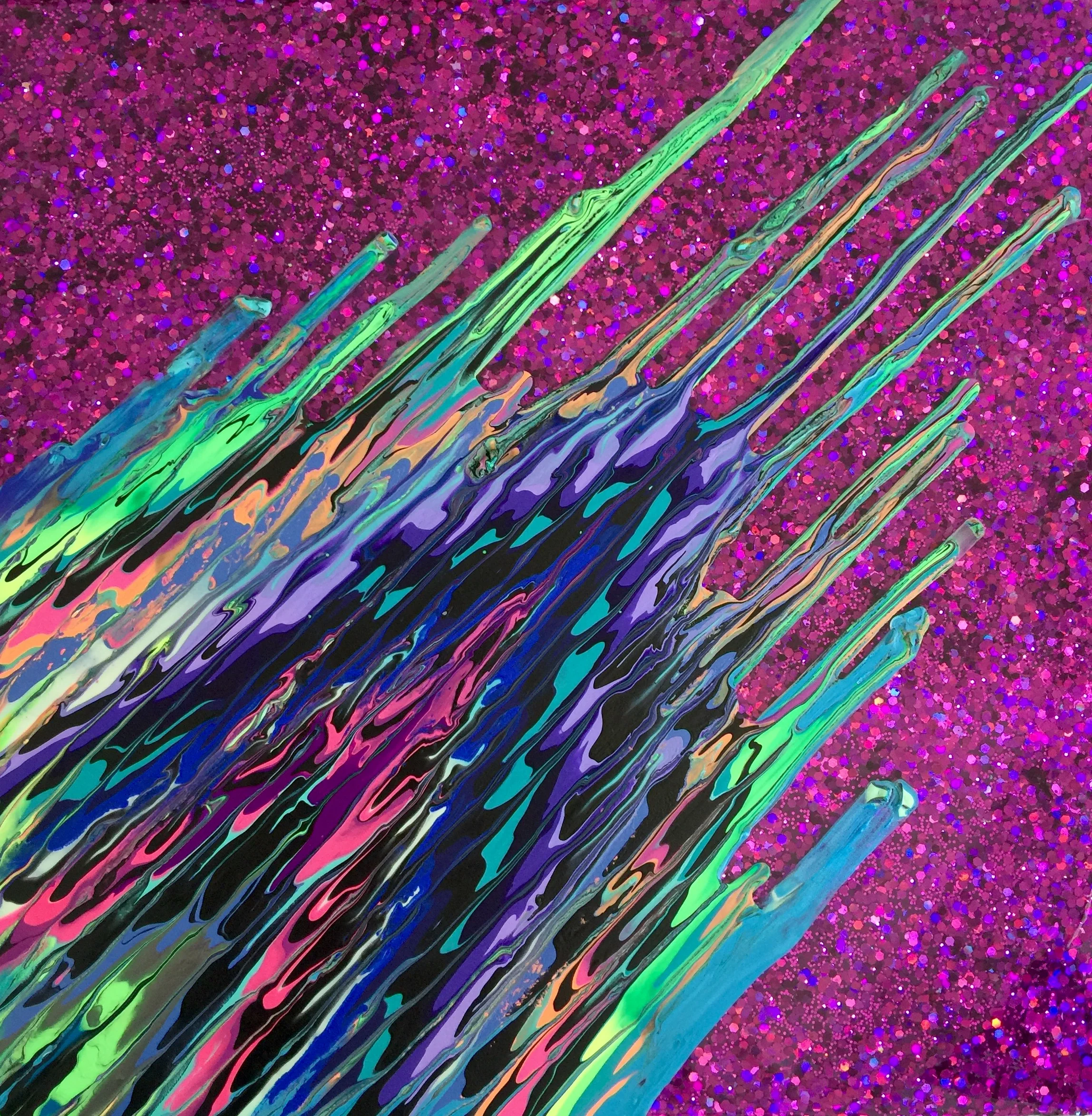 Kinetic e- Mini Collection III  16" x 16"  2015  Acrylic, glitter, and epoxy resin on panel SOLD