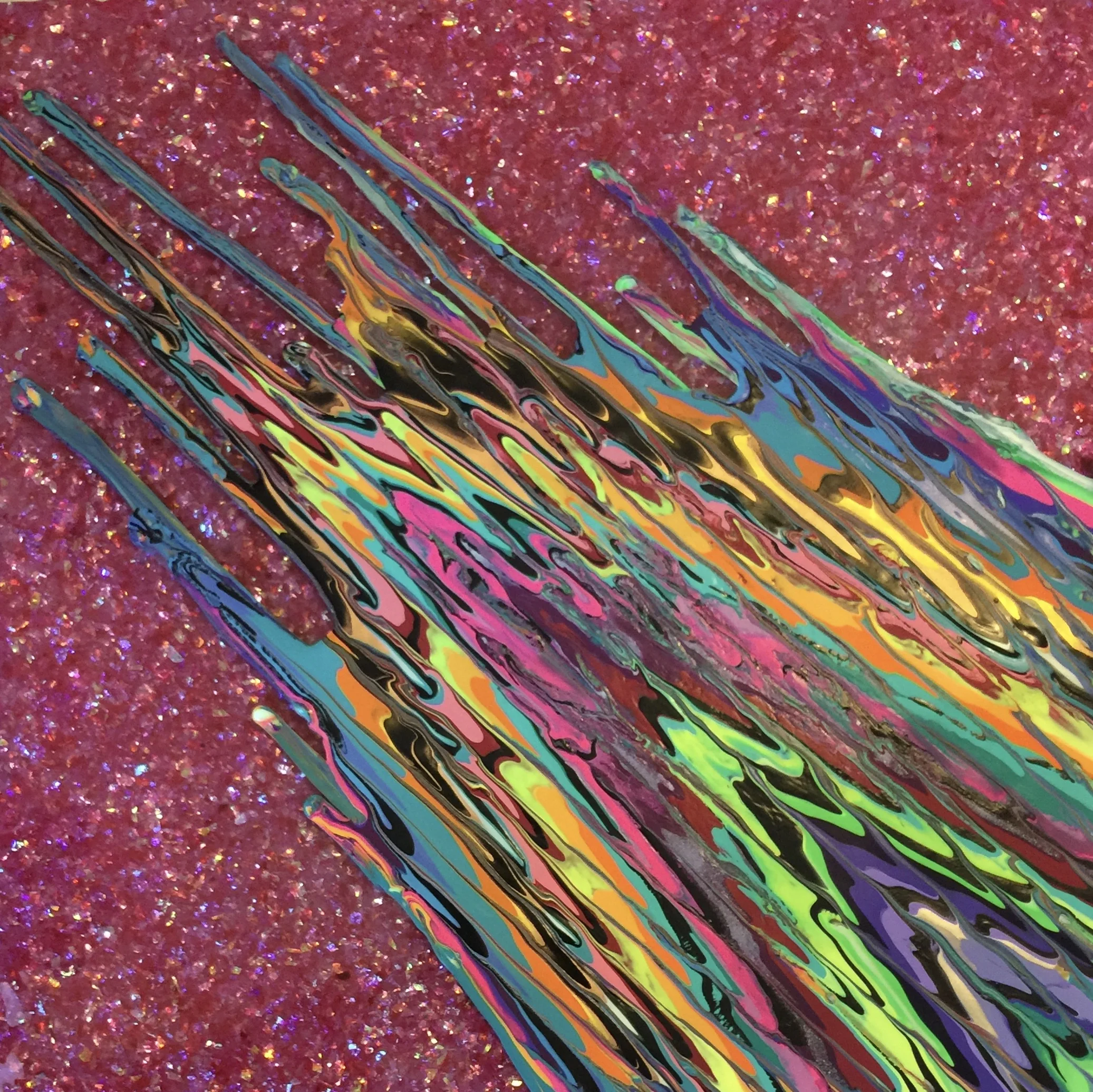 Kinetic e- Mini Collection XI  16" x 16"  2016  Acrylic, glitter, and epoxy resin on panel. SOLD