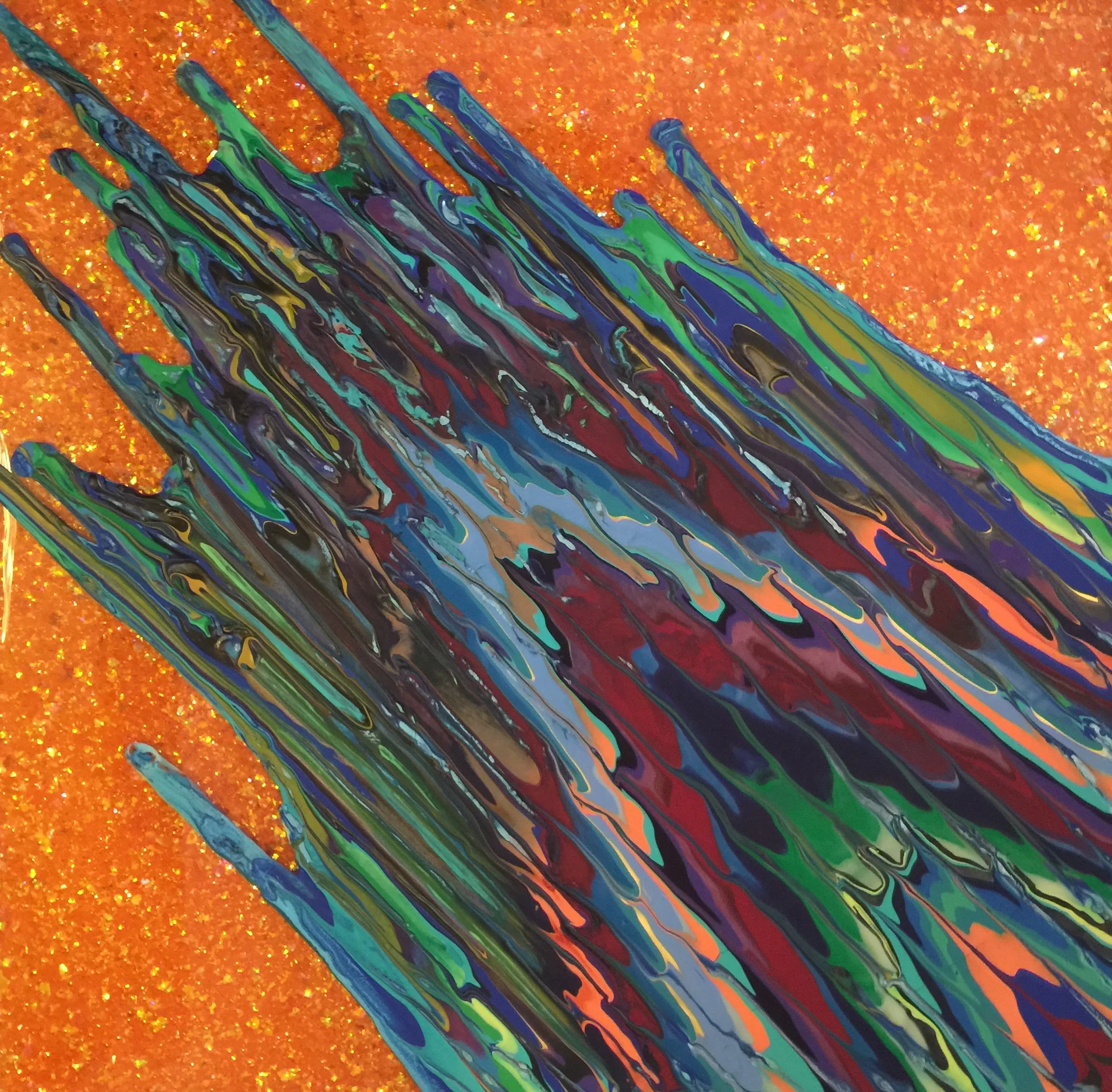 Kinetic e- Mini Collection XIV  16" x 16"  2016  Acrylic, glitter, and epoxy resin on panel.