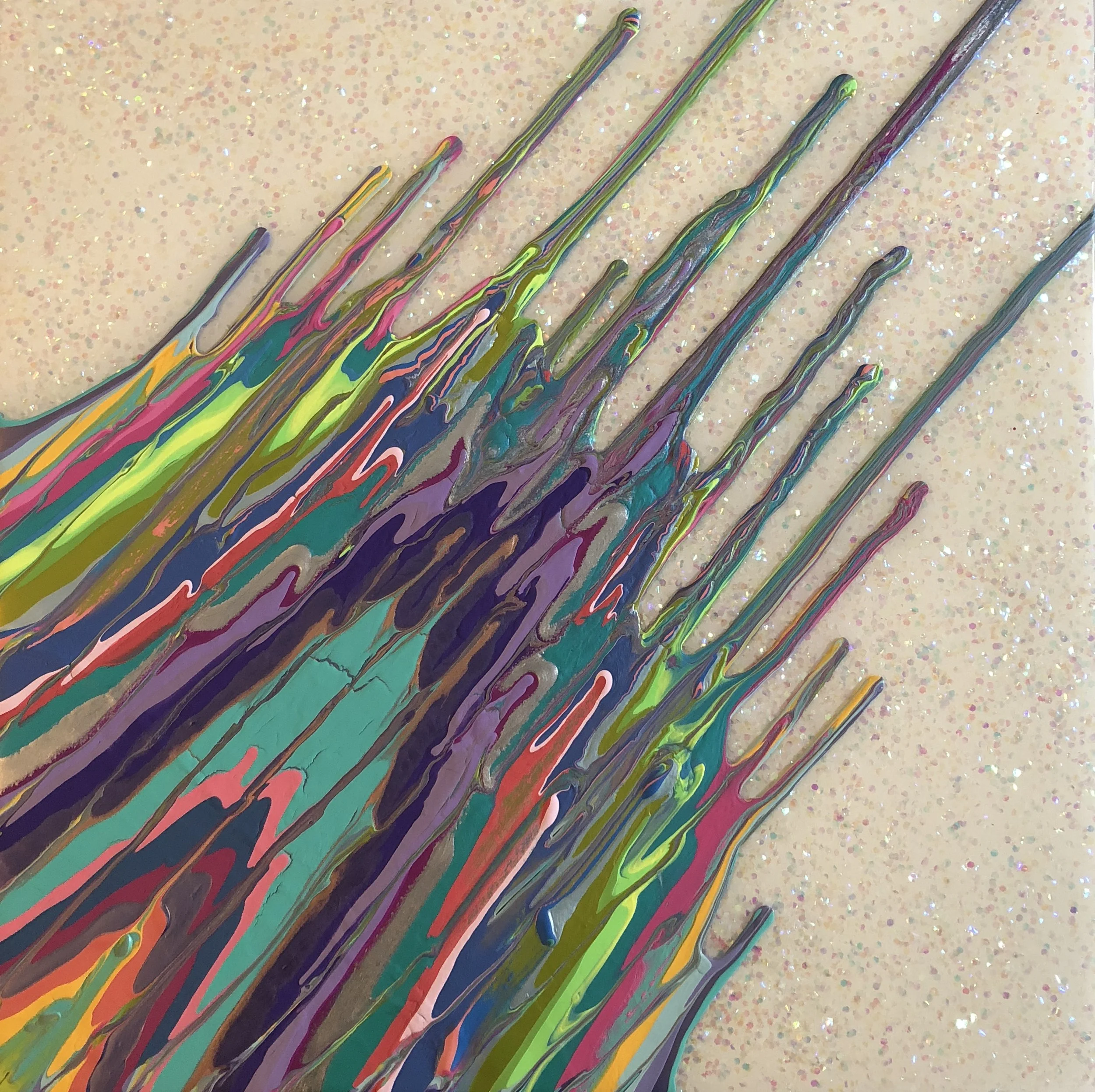 Kinetic e- Mini Collection XXI  16" x 16"  2018  Acrylic, glitter, and epoxy resin on panel.