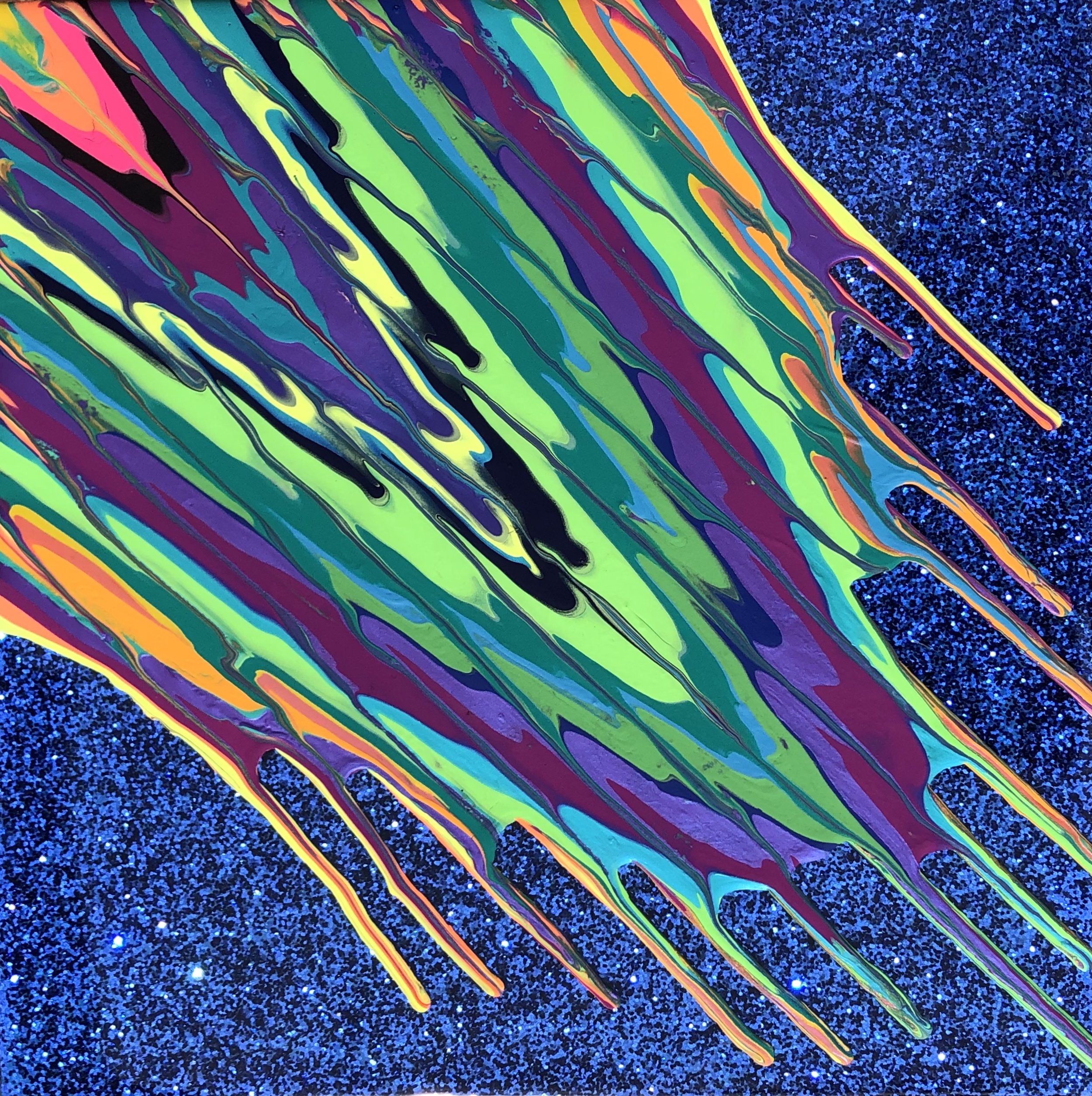 Kinetic e- Mini Collection XXXXIV  12" x 12"  2019  Acrylic, glitter, and epoxy resin on panel.