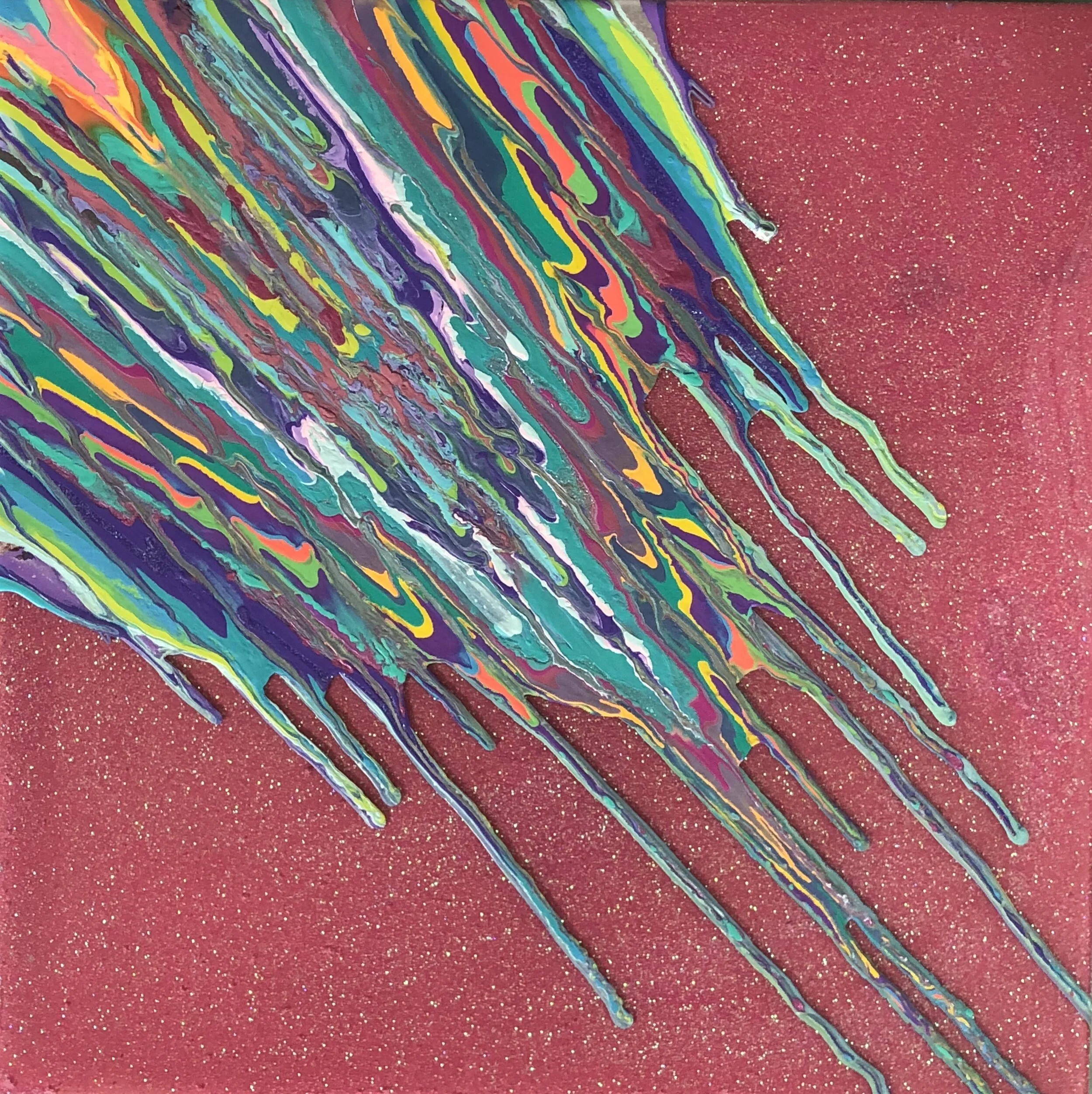 Kinetic e- Mini Collection XXXXI  16" x 16"  2019  Acrylic, glitter, and epoxy resin on panel.