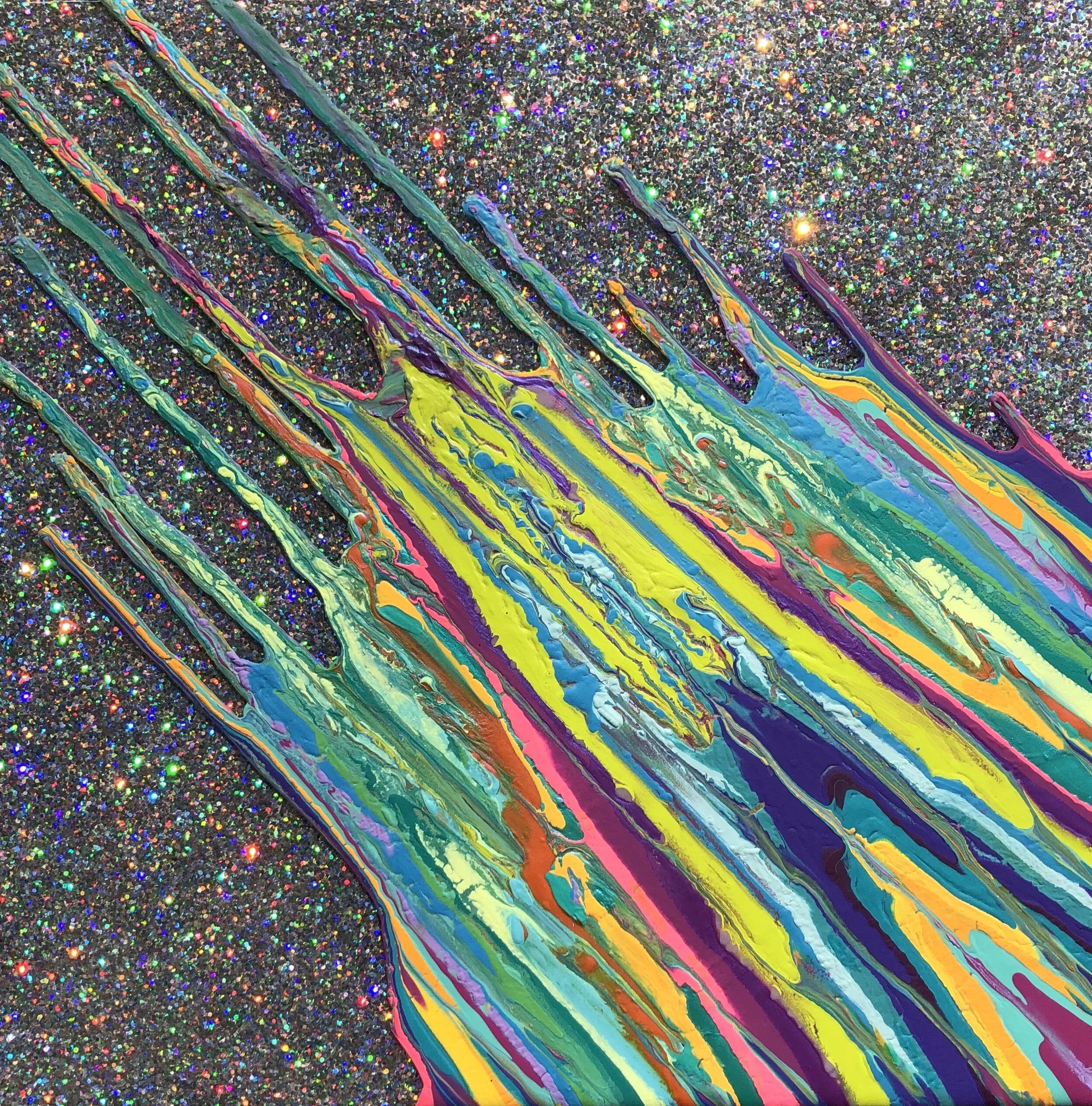 Kinetic e- Mini Collection XXXXVII  12" x 12"  2019  Acrylic, glitter, and epoxy resin on panel. SOLD