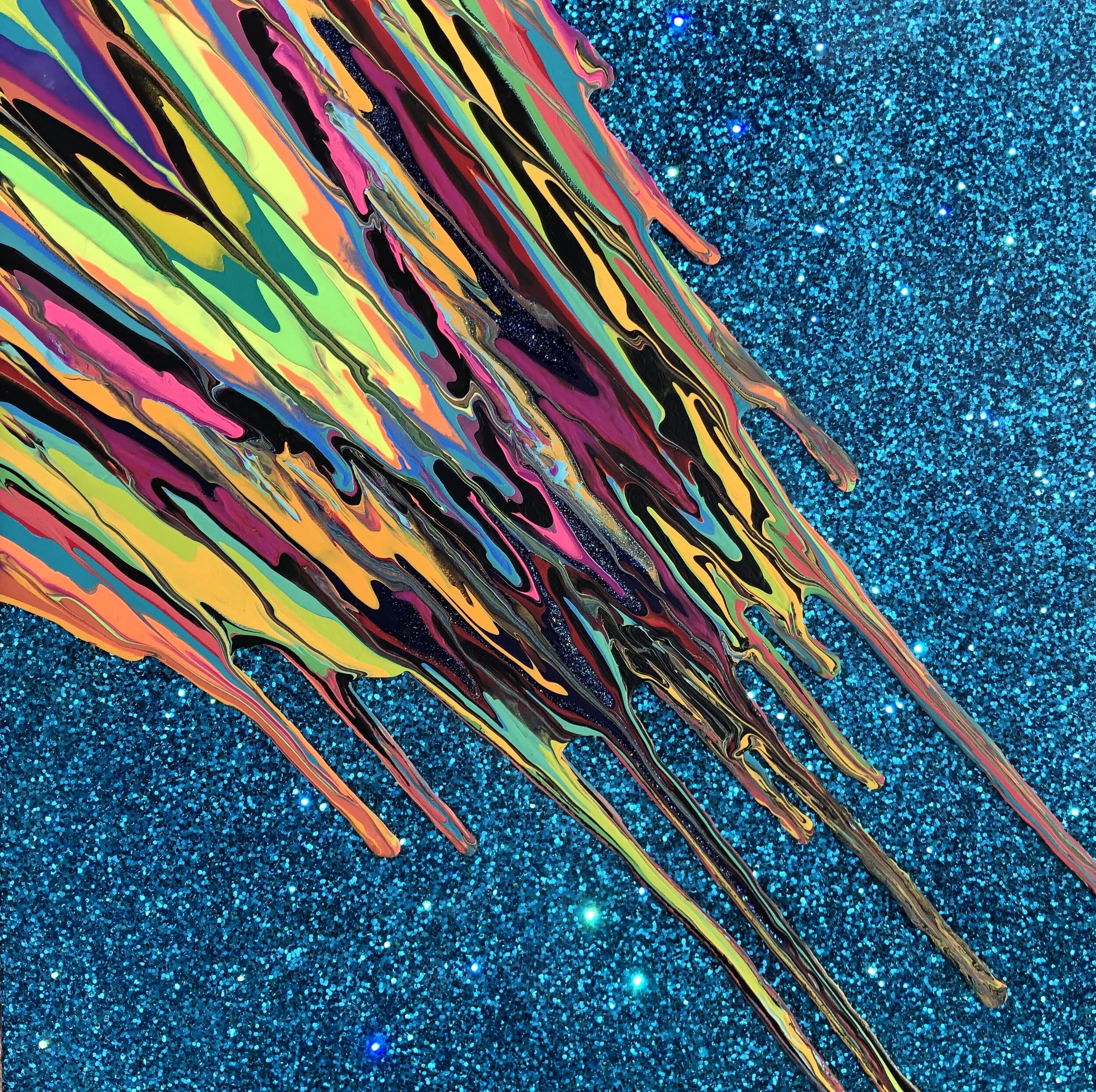 Kinetic e- Mini Collection XXXXIII  12" x 12"  2019  Acrylic, glitter, and epoxy resin on panel. SOLD