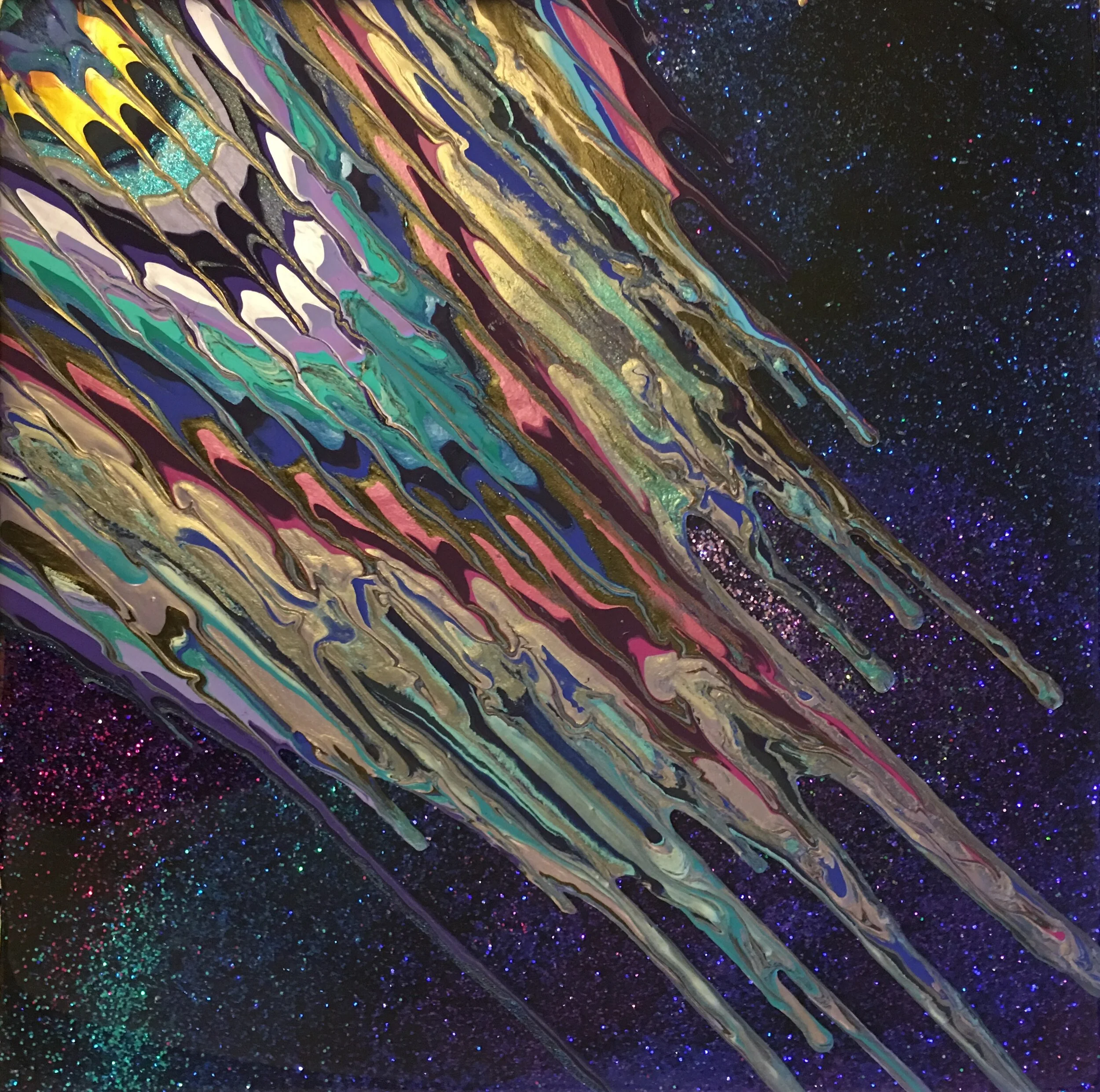 Spacey  16" x 16"  2017  Acrylic, glitter, and epoxy resin on panel. SOLD