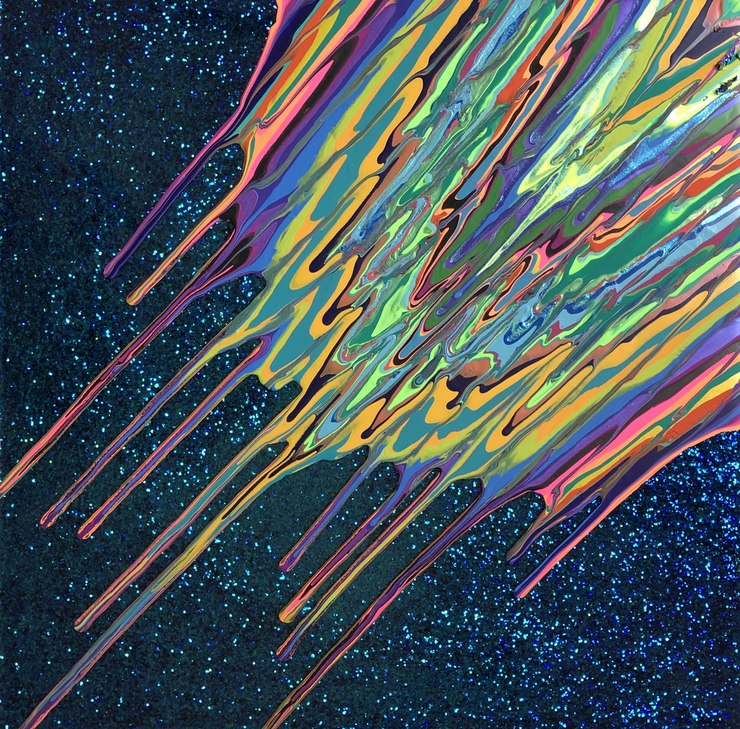 Kinetic e- Mini Collection LXI  16" x 16"  2020  Acrylic, glitter, and epoxy resin on panel. SOLD