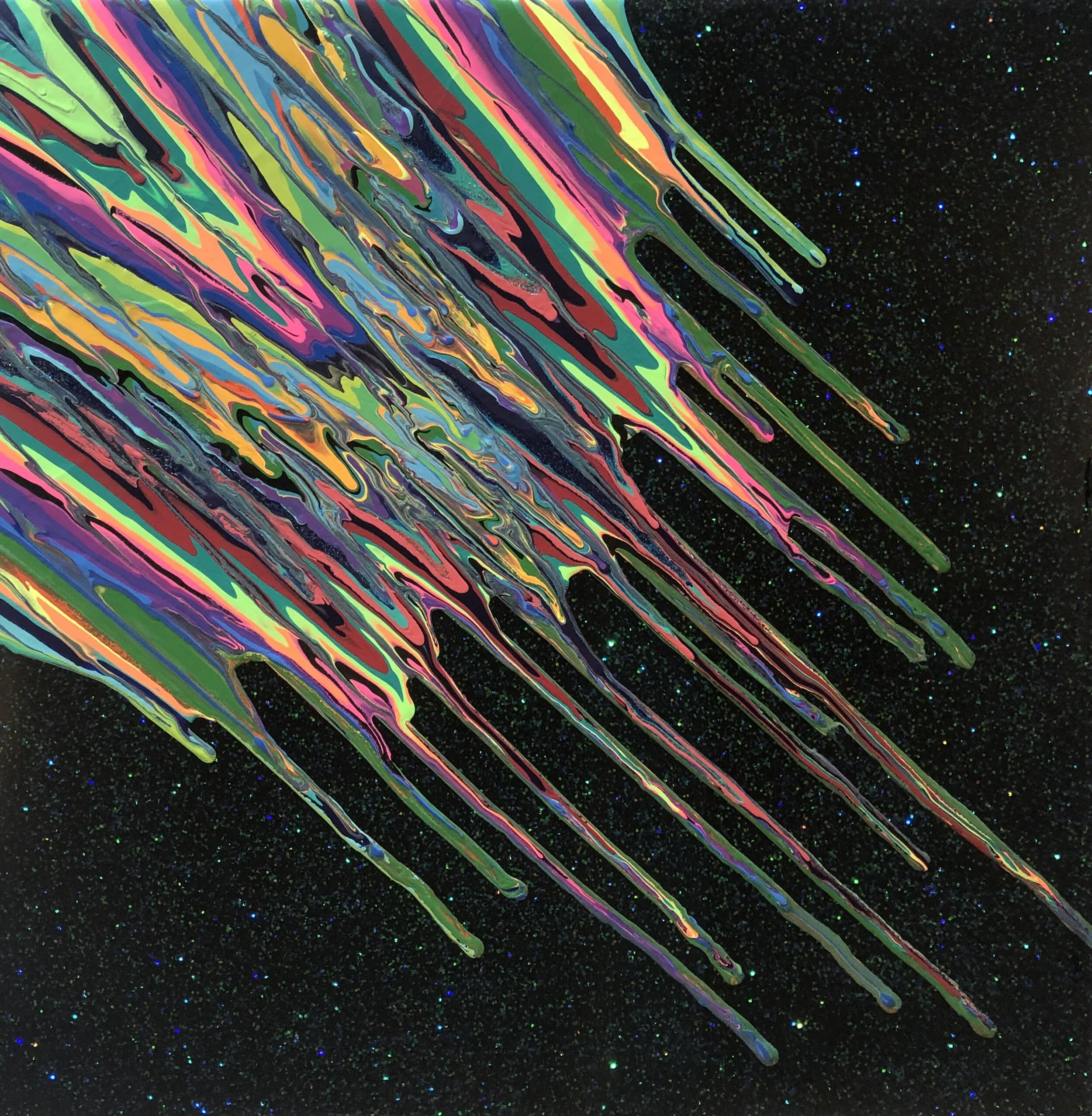 Kinetic e- Mini Collection LXIV  16" x 16"  2020  Acrylic, glitter, and epoxy resin on panel.  SOLD