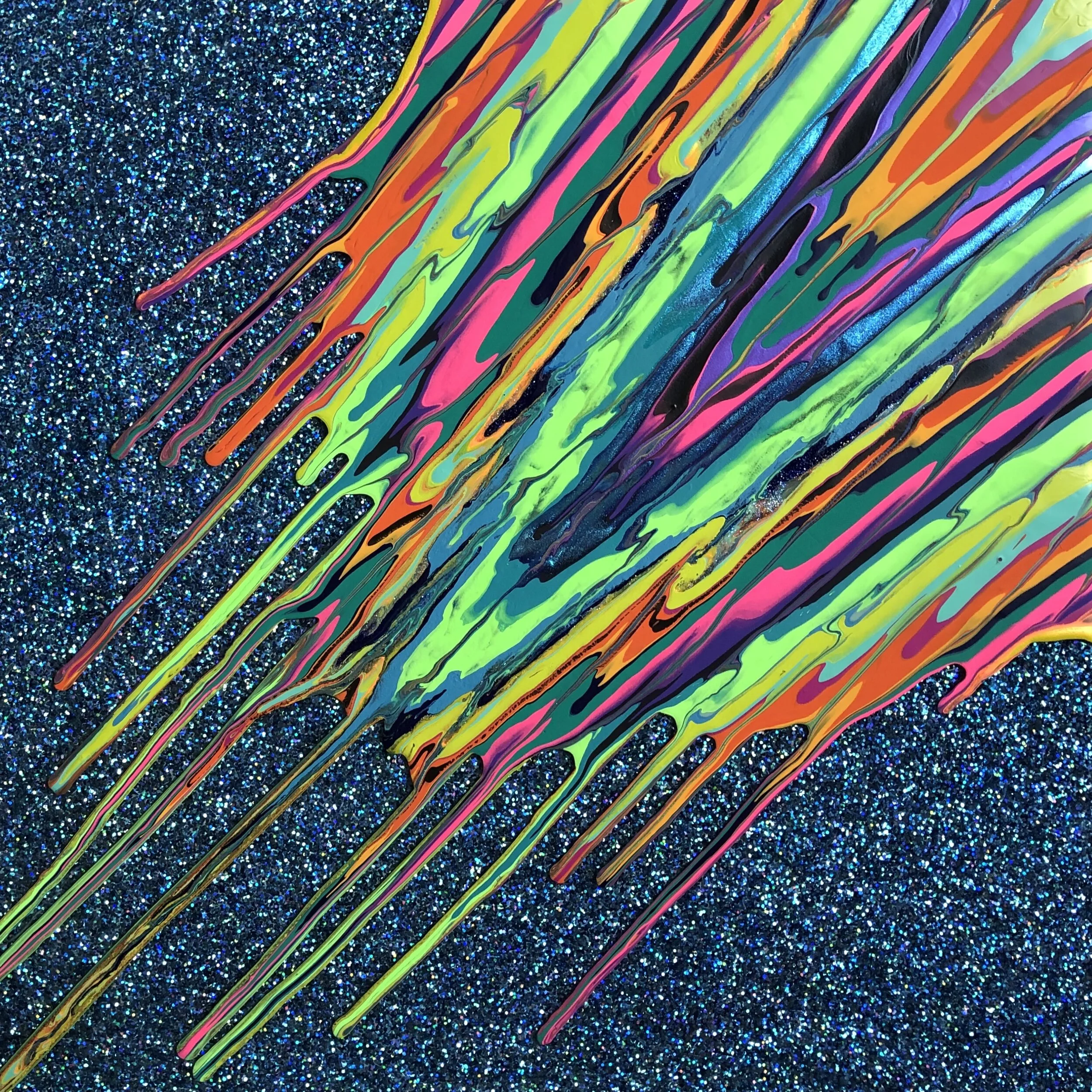 Kinetic e- Mini Collection LXII  16" x 16"  2020  Acrylic, glitter, and epoxy resin on panel. 