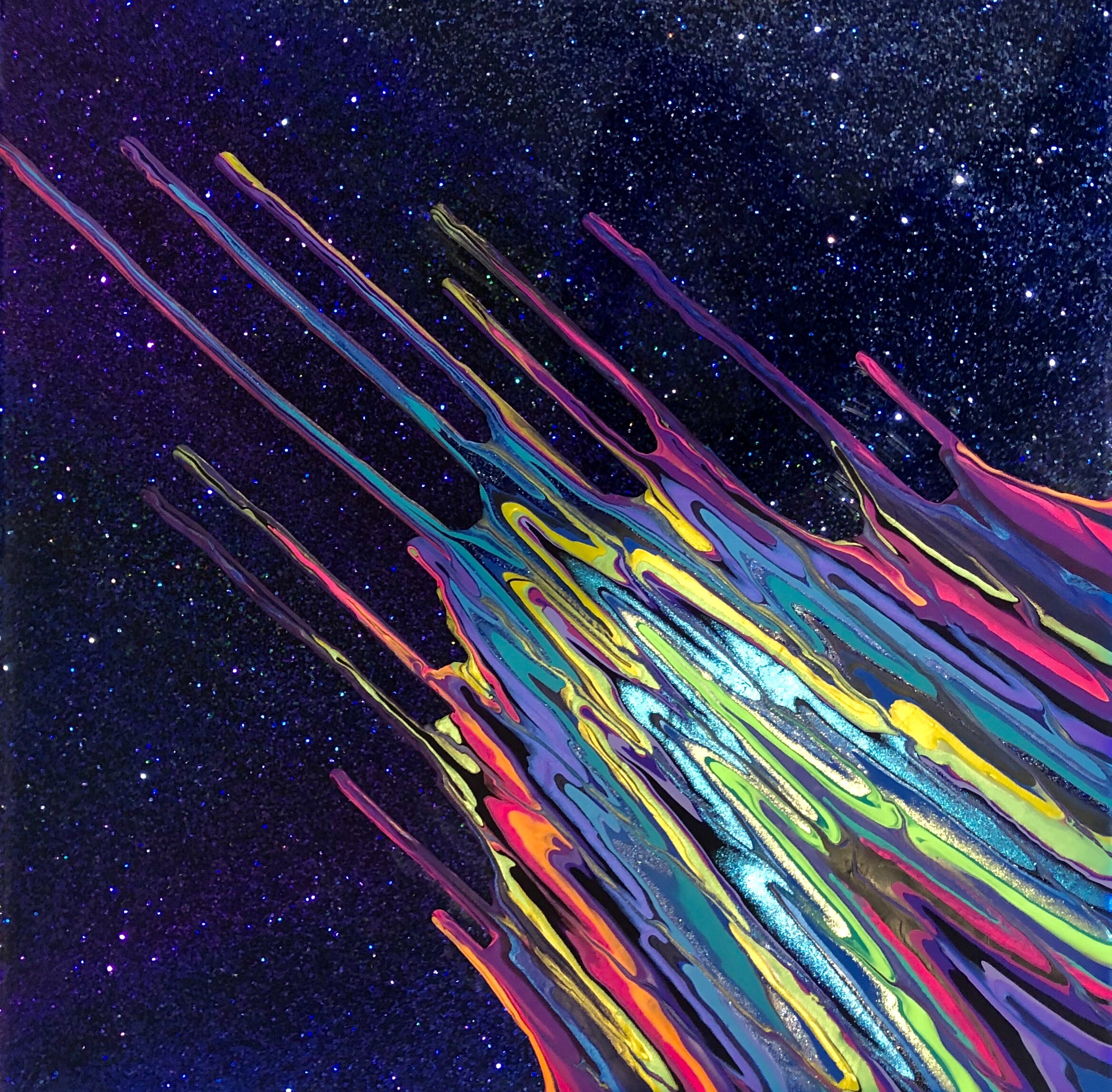 Galaxy Kinetic e-  Mini Collection II  16" x 16”  2020  Acrylic, glitter, and epoxy resin on panel. To purchase contact claudiacastilloartist@gmail.com