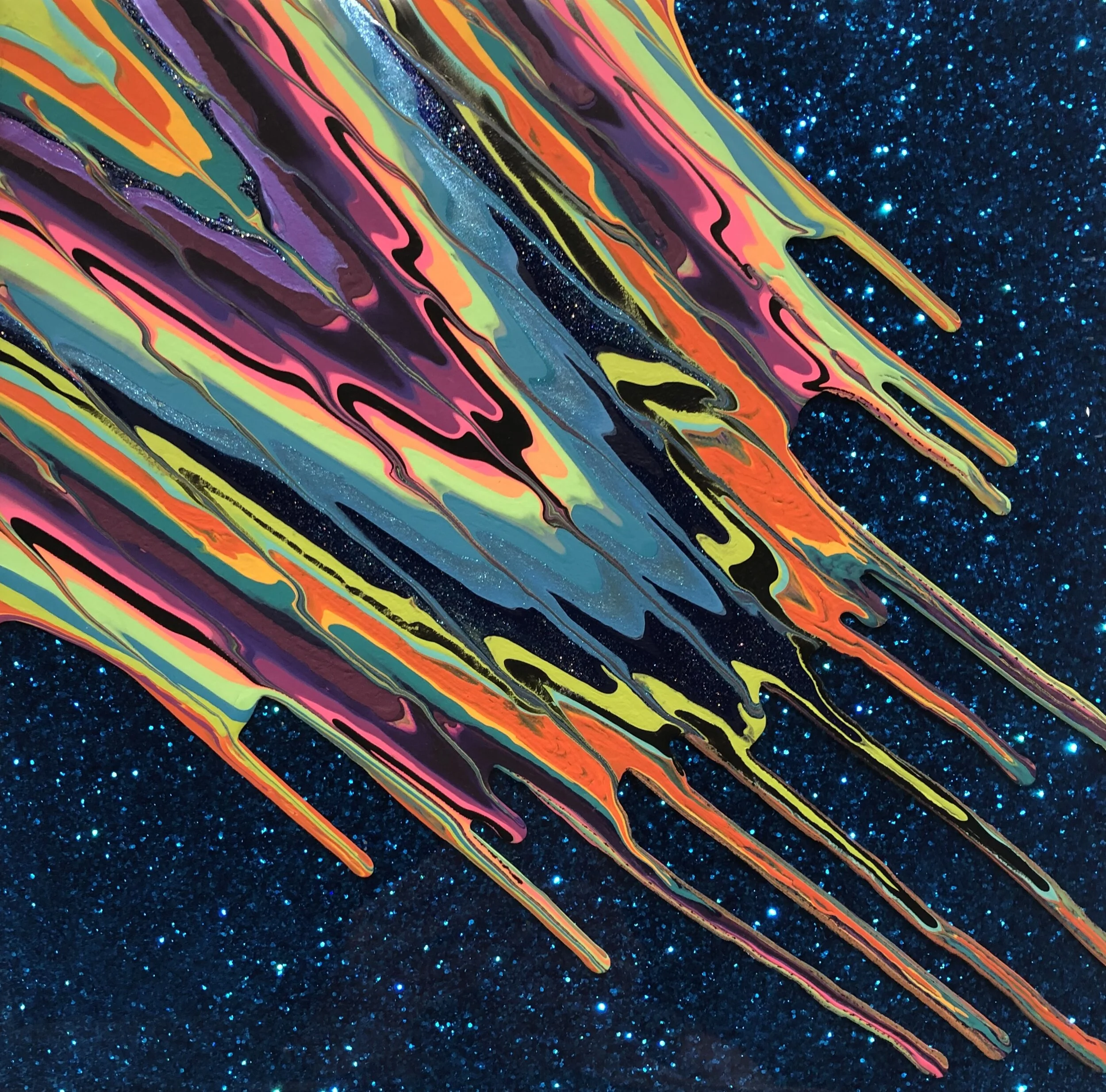 Kinetic e- Mini Collection LXII  12" x 12"  2020  Acrylic, glitter, and epoxy resin on panel. SOLD