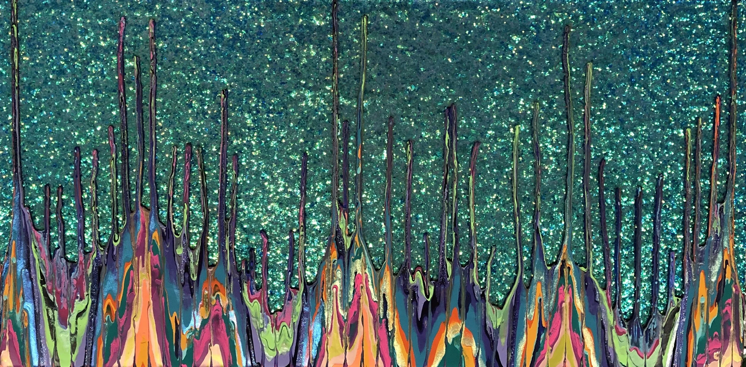 Spectra VII  18" x 36”  2020  Acrylic, glitter, and epoxy resin on panel SOLD