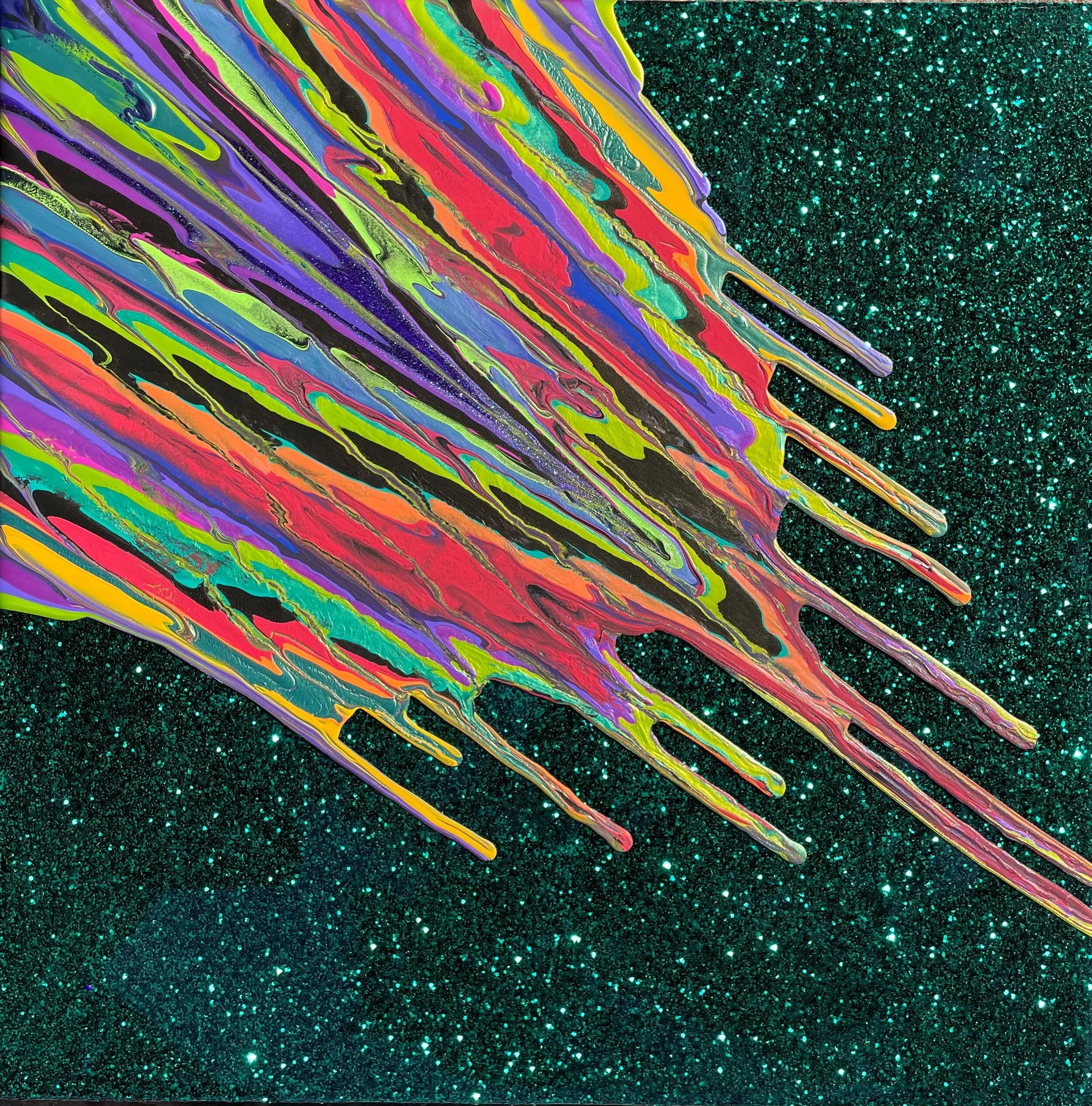 Kinetic e- Mini Collection LXXIV  16" x 16"  2020  Acrylic, glitter, and epoxy resin on panel.  Contact To purchase contact claudiacastilloartist@gmail.com