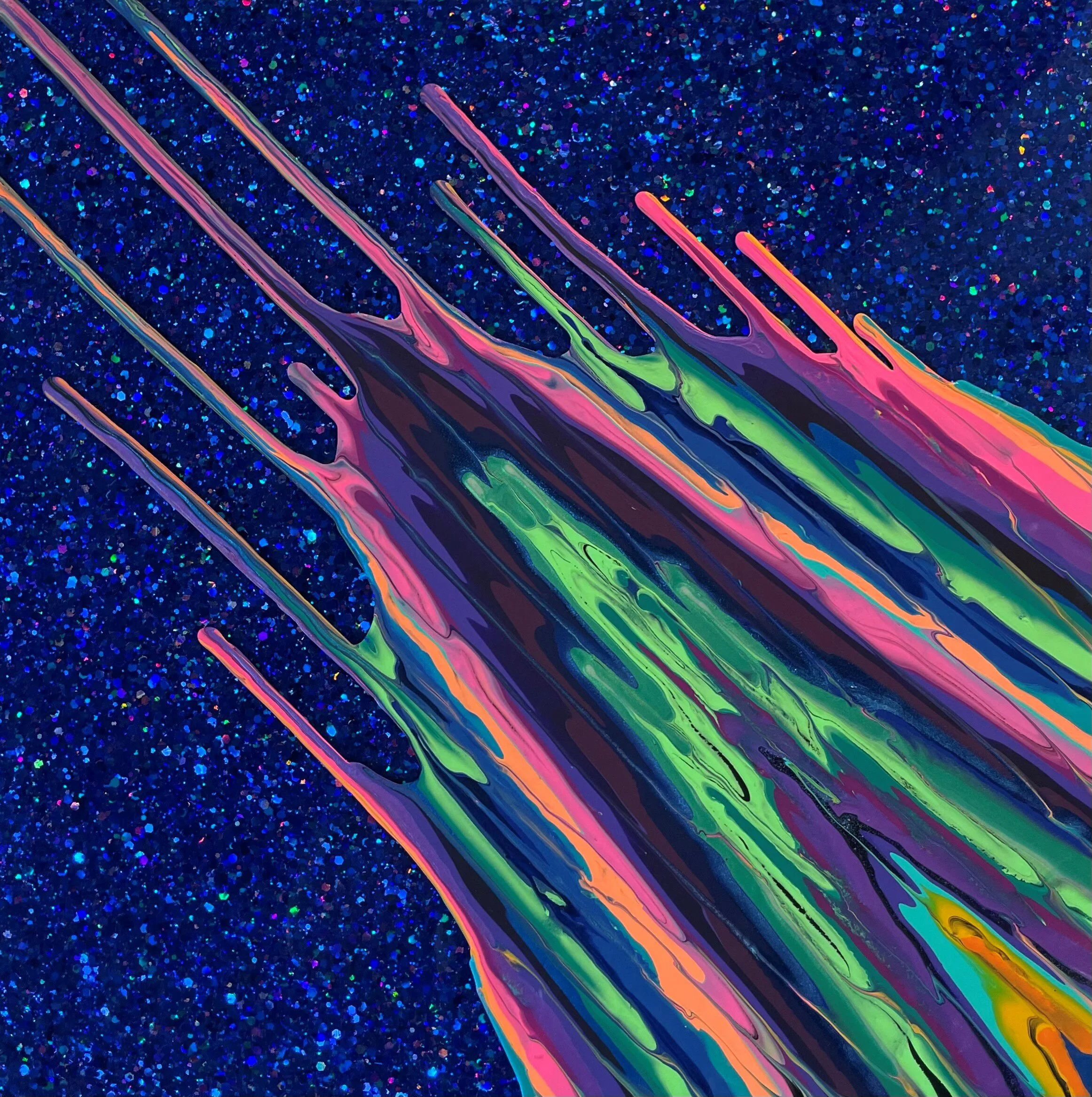 Kinetic e- Mini Collection LXXV  16" x 16"  2020  Acrylic, glitter, and epoxy resin on panel. SOLD