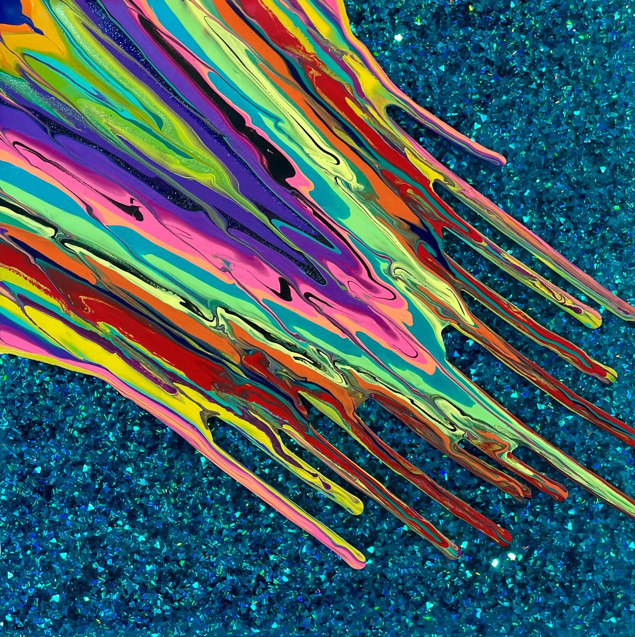 Kinetic e- Mini Collection LXIX  12" x 12"  2020  Acrylic, glitter, and epoxy resin on panel. SOLD