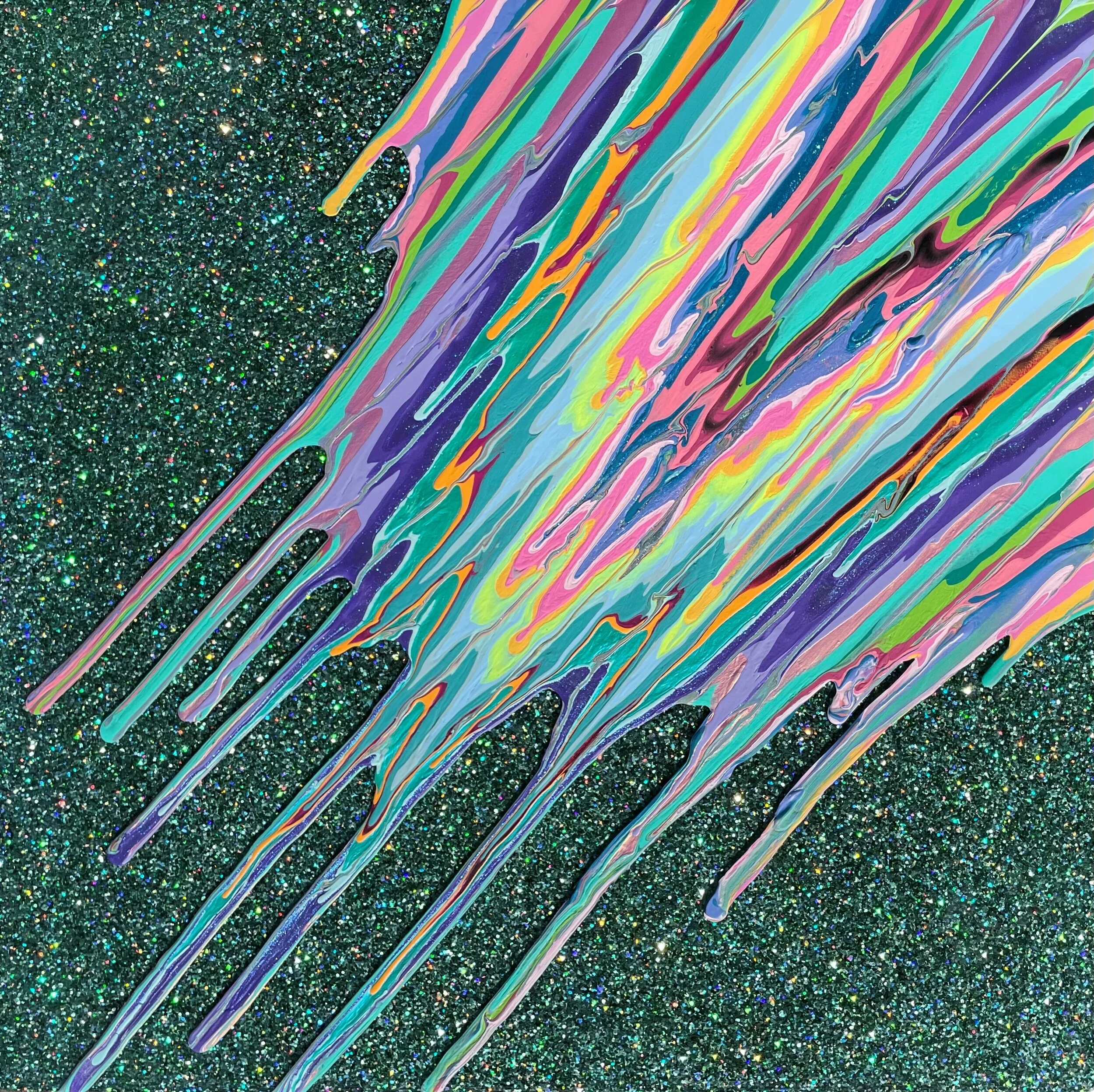 Kinetic e- Mini Collection LXVI  16" x 16"  2020  Acrylic, glitter, and epoxy resin on panel. SOLD