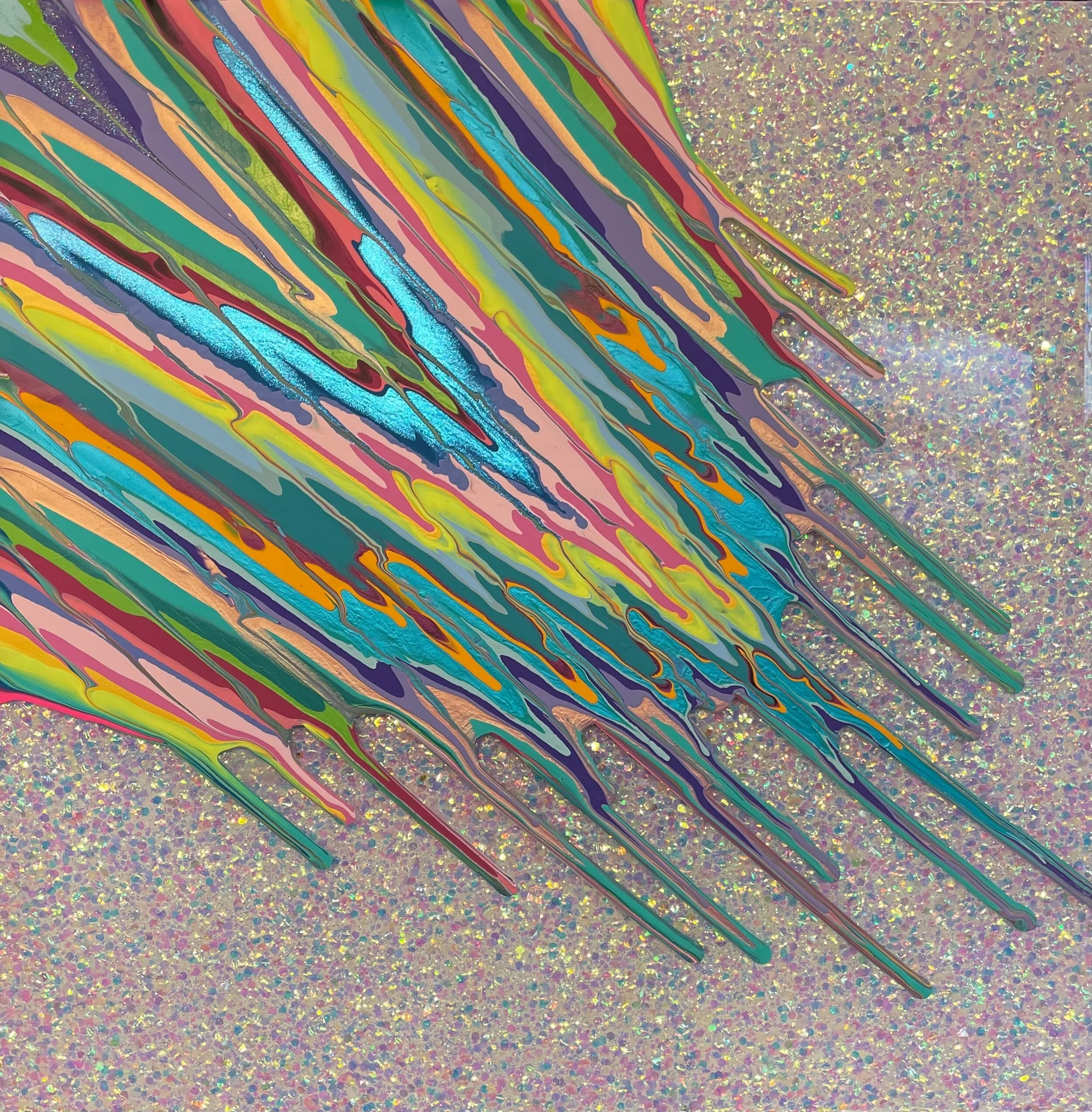 Kinetic e- Mini Collection LXXII  16" x 16"  2020  Acrylic, glitter, and epoxy resin on panel. SOLD