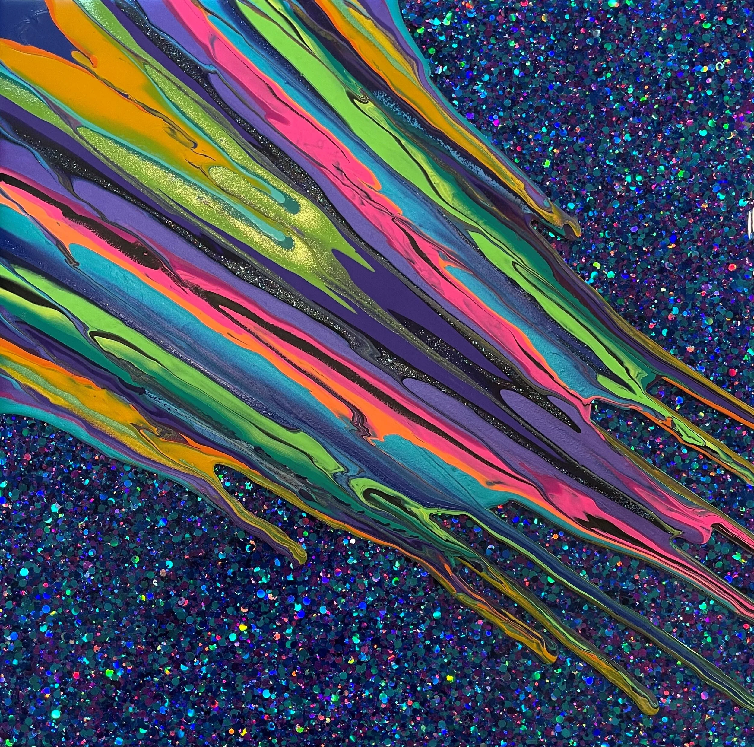 Kinetic e- Mini Collection LXX  12" x 12"  2020  Acrylic, glitter, and epoxy resin on panel. SOLD 