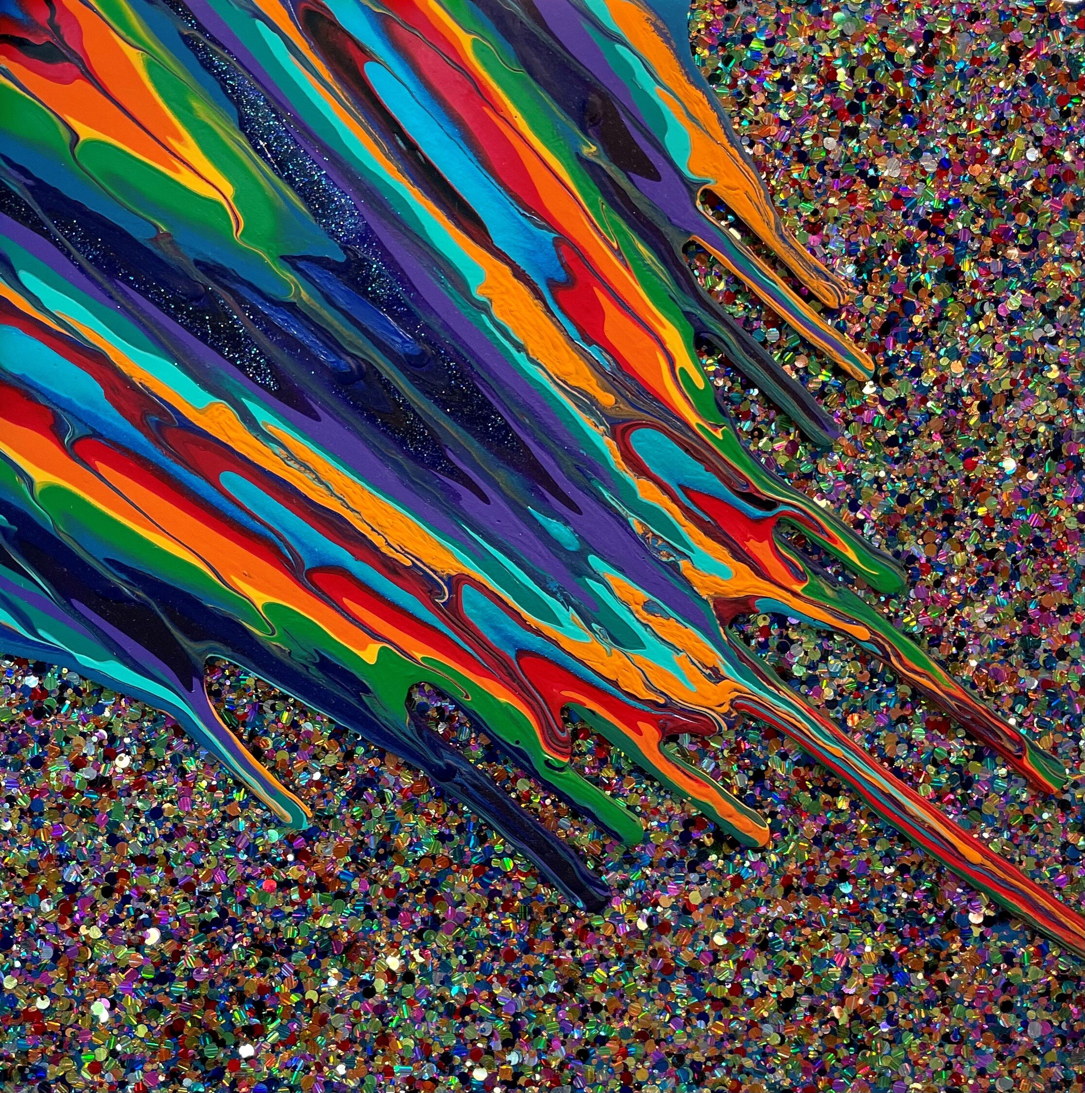 Kinetic e- Mini Collection LXVIII  10" x 10"  2020  Acrylic, glitter, and epoxy resin on panel. SOLD