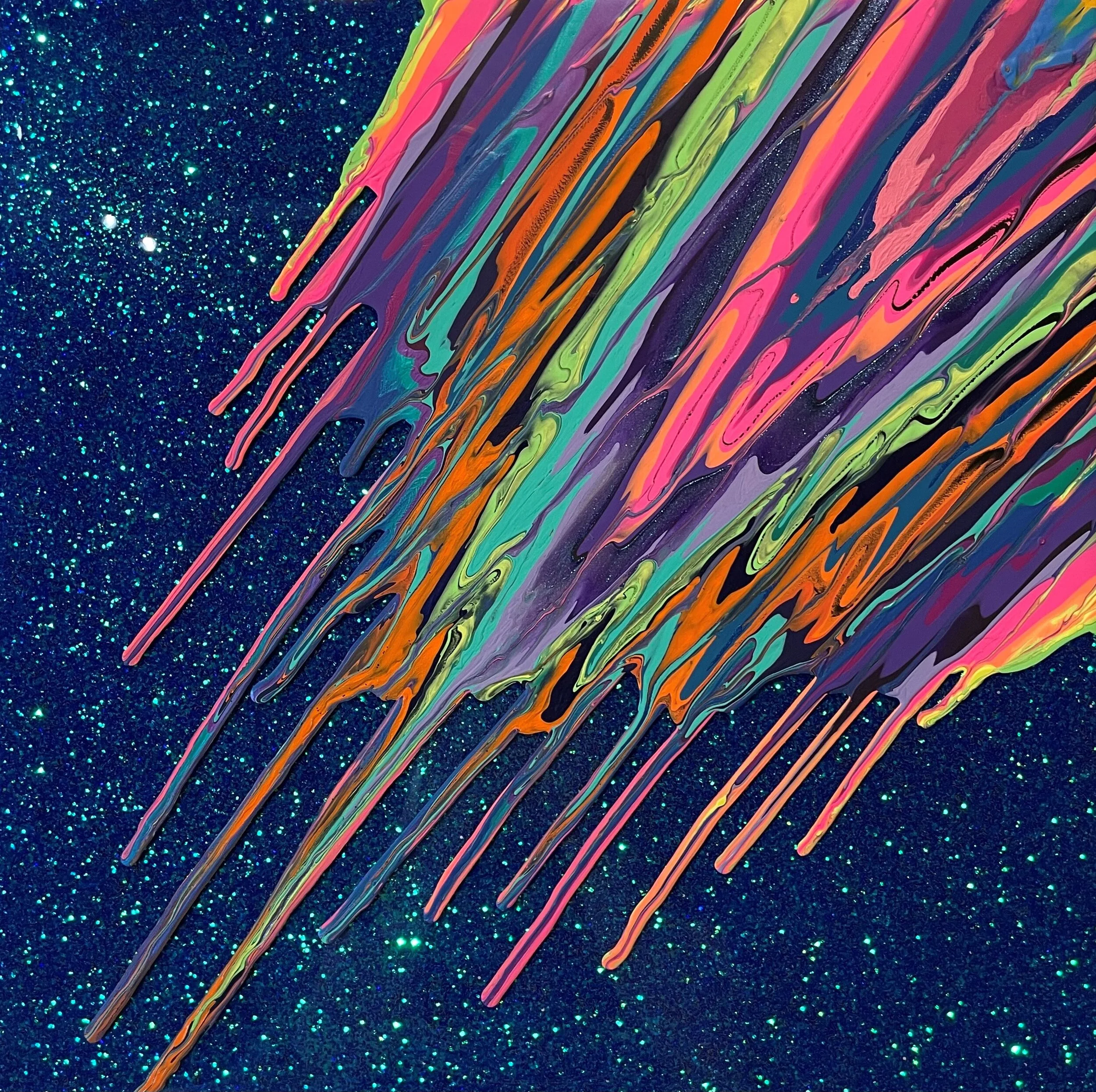 Kinetic e- Mini Collection LXXIX  16" x 16"  2021  Acrylic, glitter, and epoxy resin on panel.  SOLD