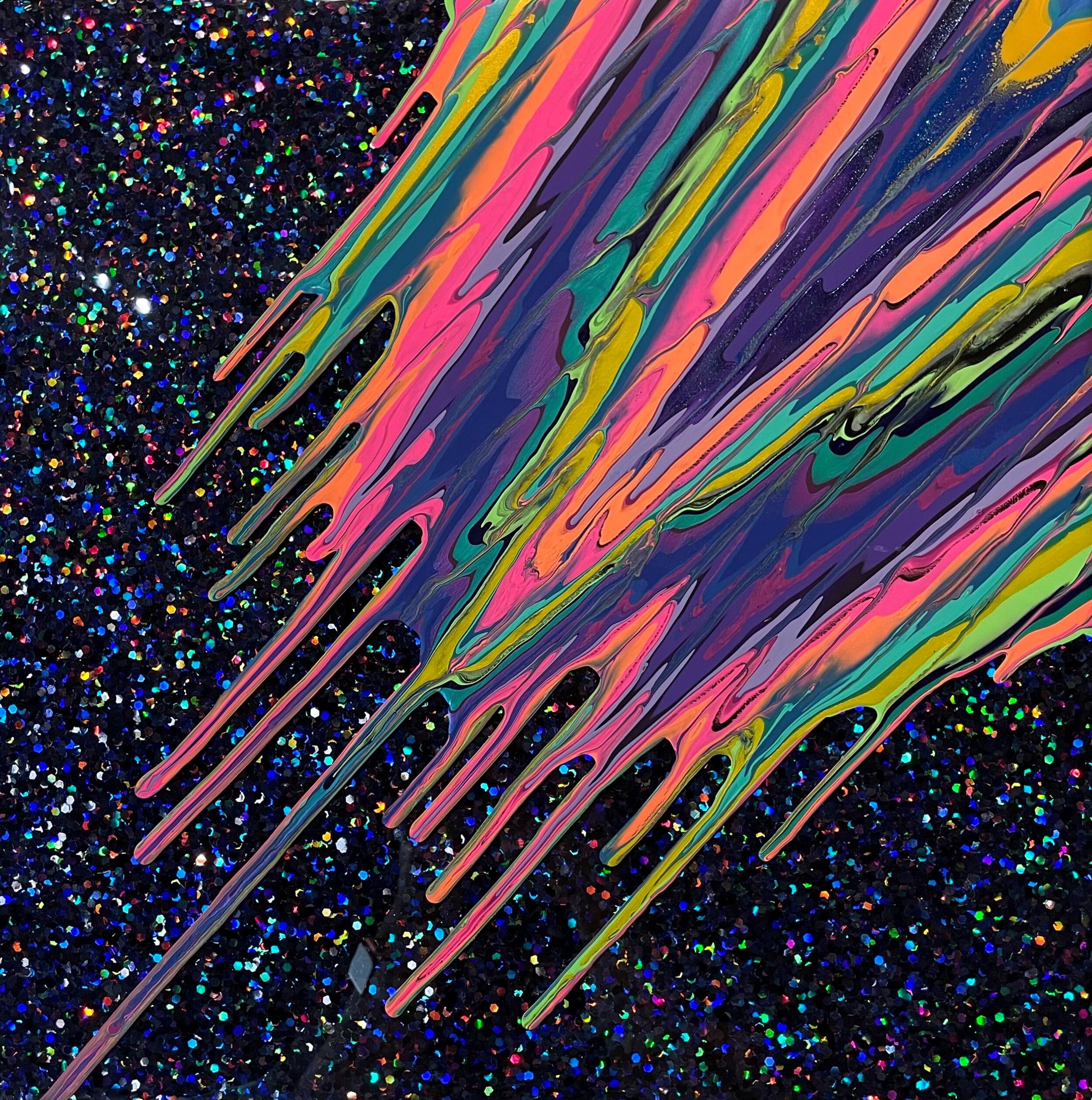 Kinetic e- Mini Collection LXXXIII  16" x 16"  2021  Acrylic, glitter, and epoxy resin on panel. 